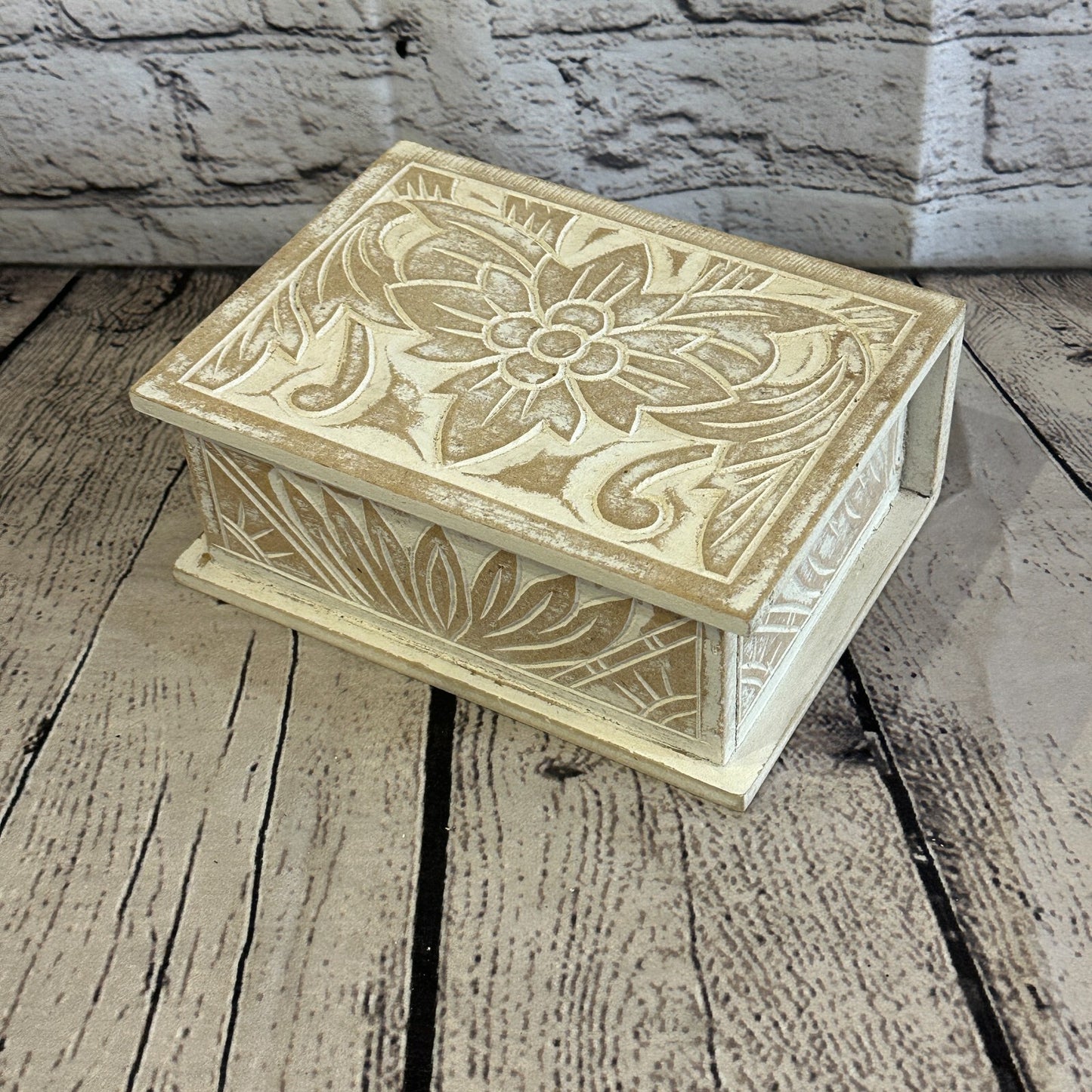 White Flower MDF Box Lotus 18cm x 12cm x 7cm Wooden Box Trinket Handmade