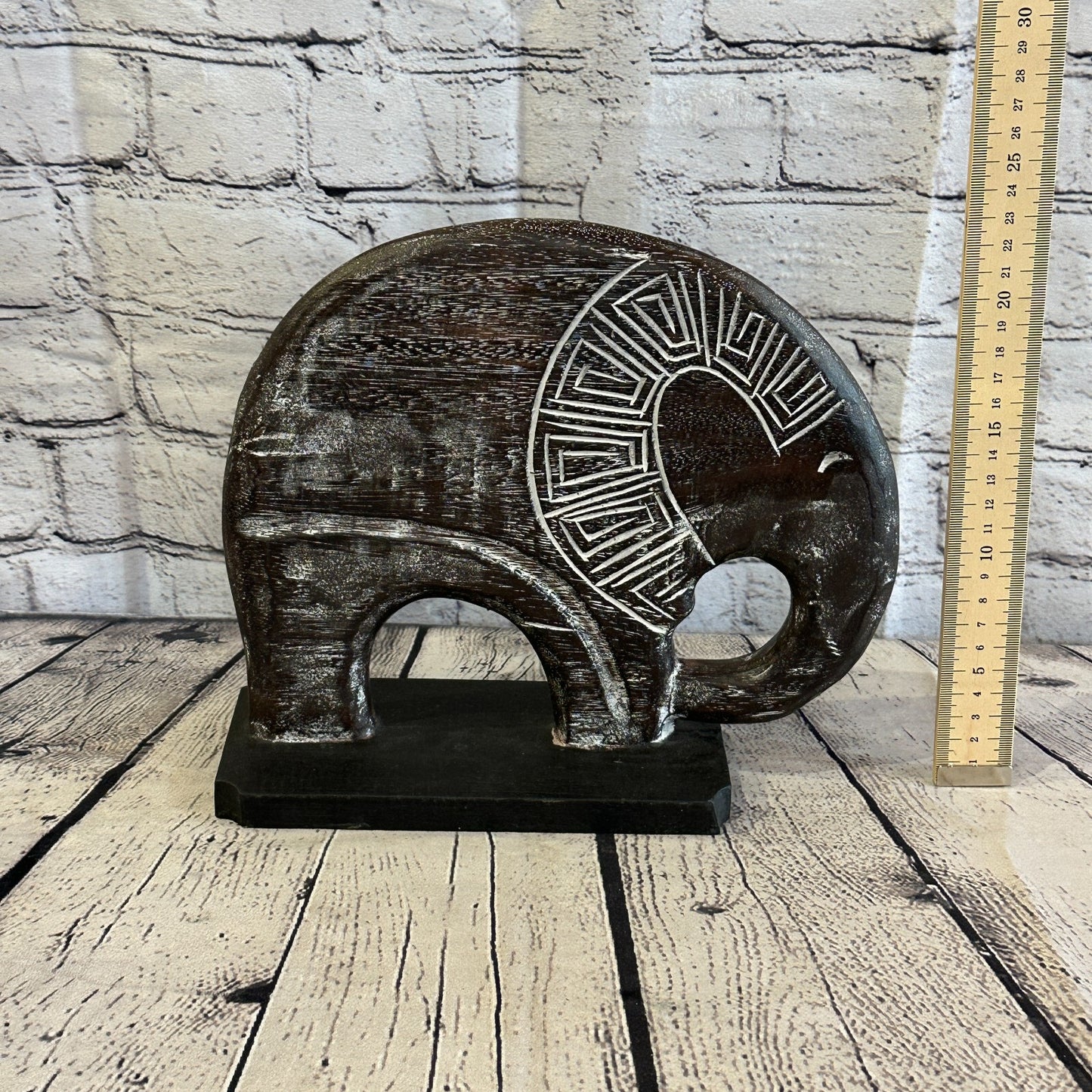 25cm x 25cm Wooden Tribal Primitive Black Elephant Round Stand Sculpture Statue