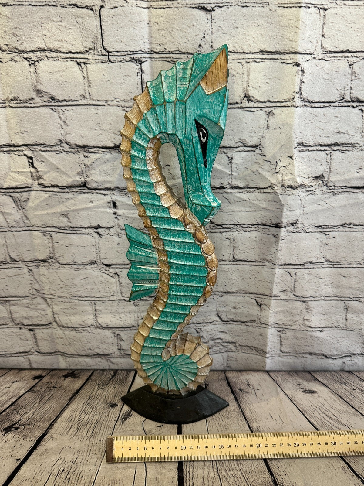 50cm Green Brown Wooden Shabby Seahorse Statue Ornament Fair Trade Handcarved