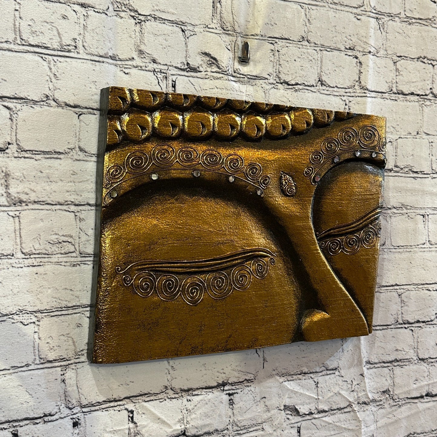 Wooden Wood Panel 40cm Brown Gold Buddha Eyes Lotus Wall Art Plaque Handcarved