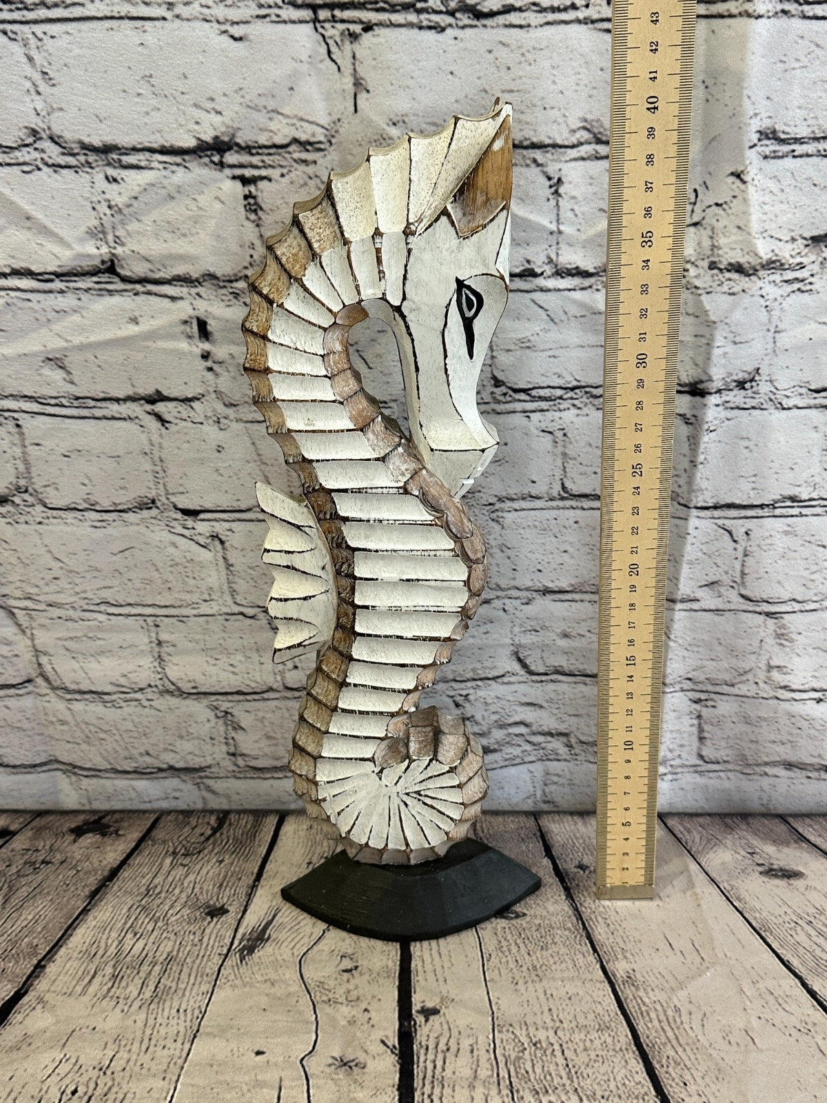 40cm White Brown Wooden Shabby Seahorse Statue Ornament Fair Trade Handcarved