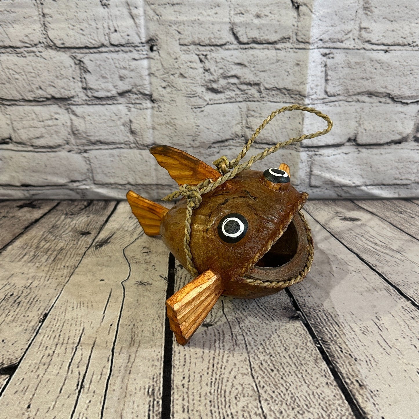 Plain Brown Folk Art Hand Painted Shark Fish Coconut Shell Ornaments Hanging