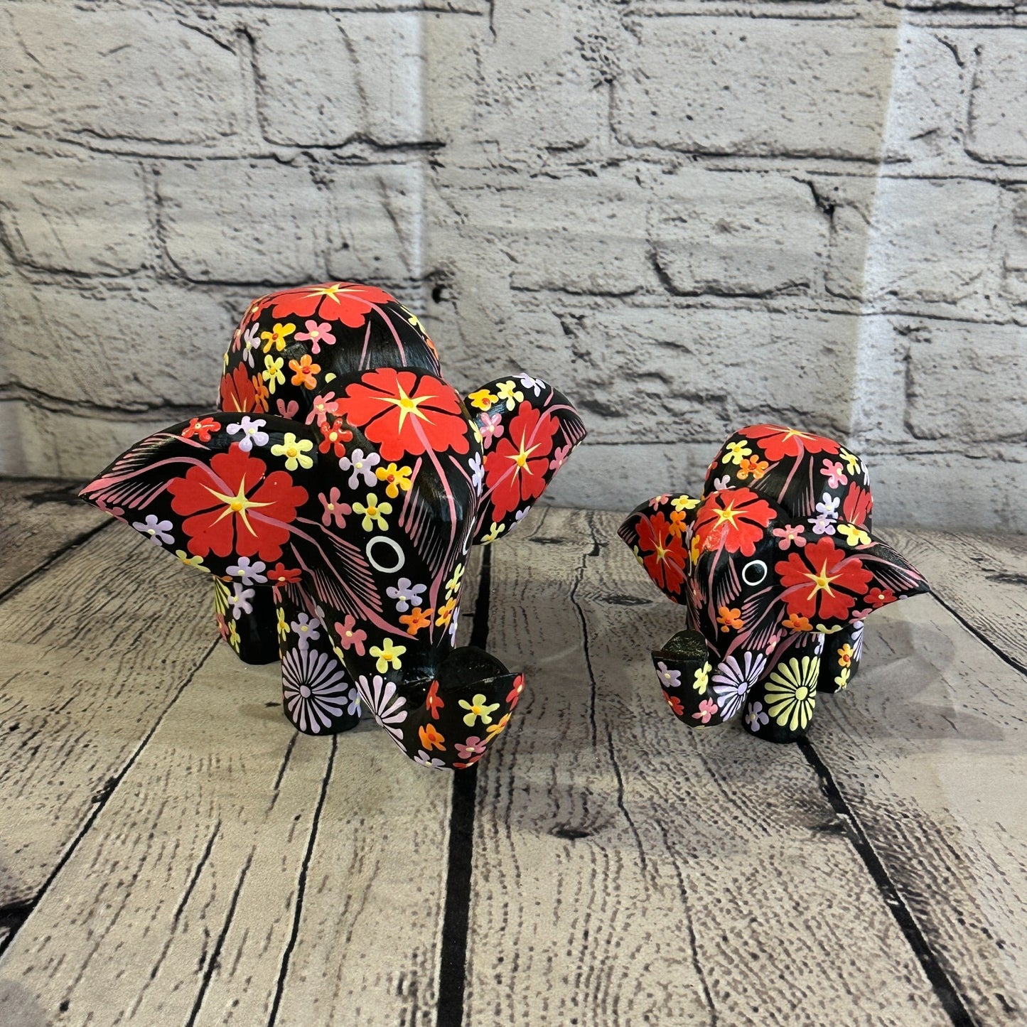 Black Wooden Elephant With Flower Pattern 10cm x 12cm Handmade and Fairtrade