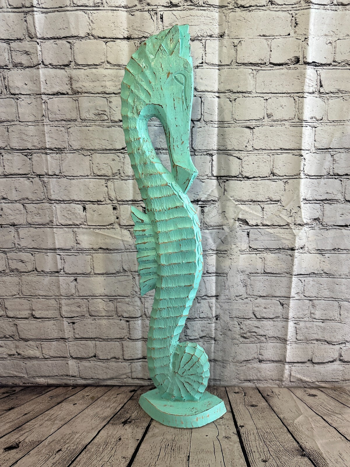 80cm Green Plain Wooden Shabby Seahorse Statue Ornament Fair Trade Handcarved