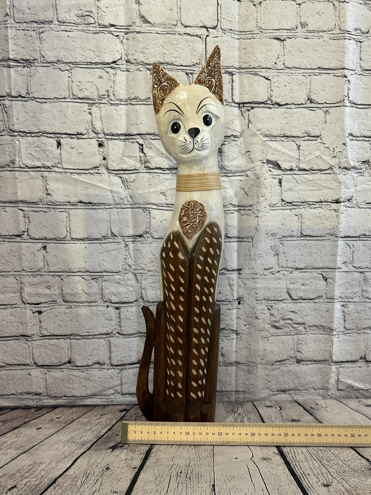 60cm Brown White Flower Wooden Shabby Cat Statue Ornament Fair Trade Handcarved