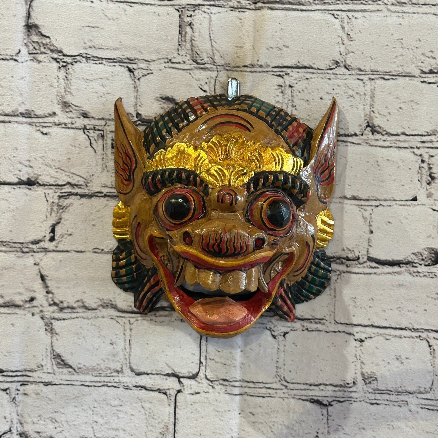 Large Wooden Natural Barong Wall Mask 18cm x 18cm Handmade And Fairtrade Hindu
