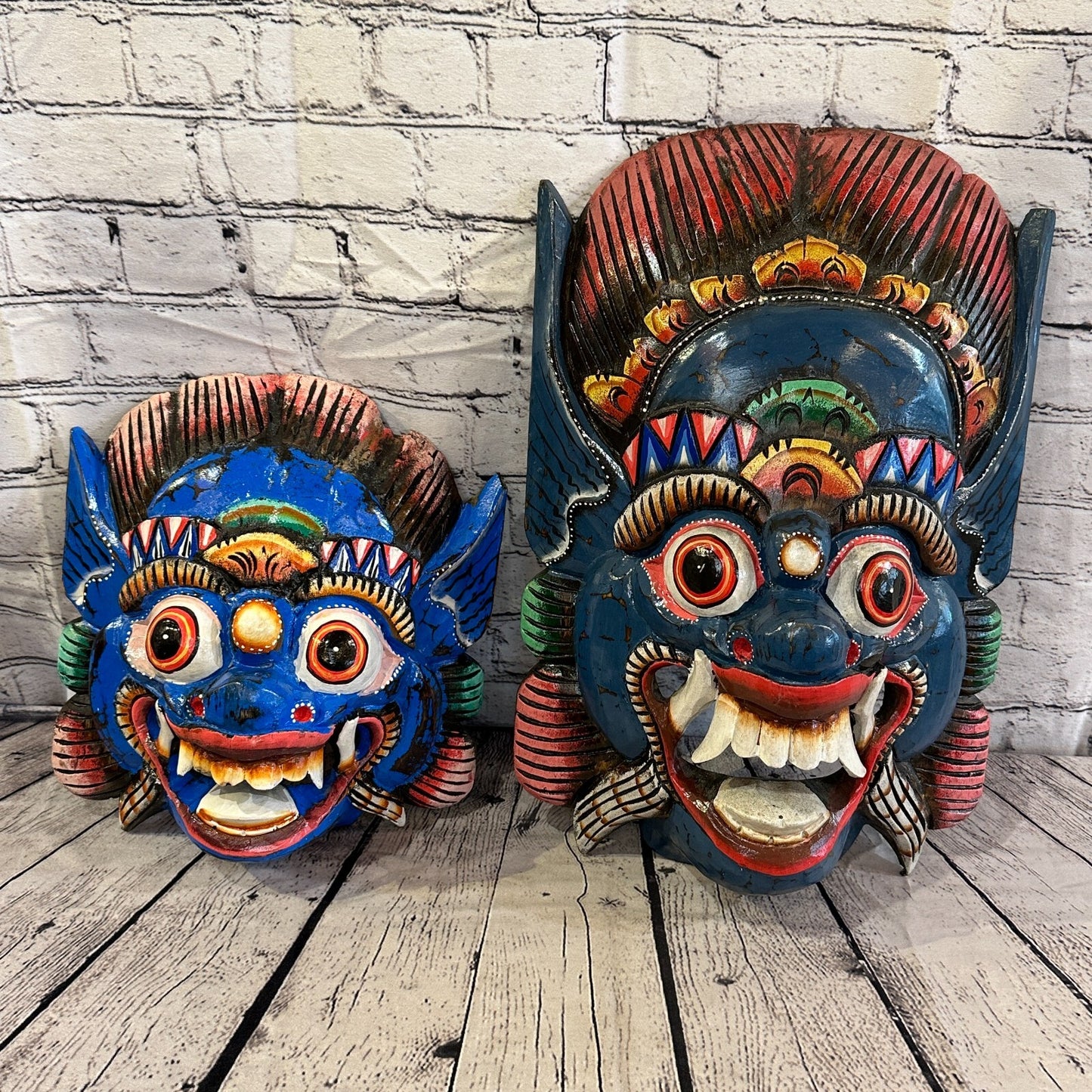 Large Wooden Blue Barong Wall Mask 50cm x 30cm Handmade And Fairtrade