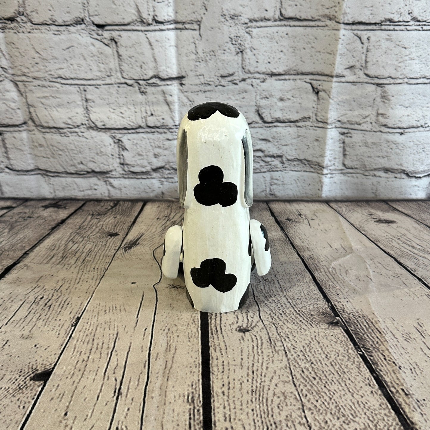 20cm Black White Dog Sitting Animal, Wooden Shelf Ornament Handmade & Fairtrade