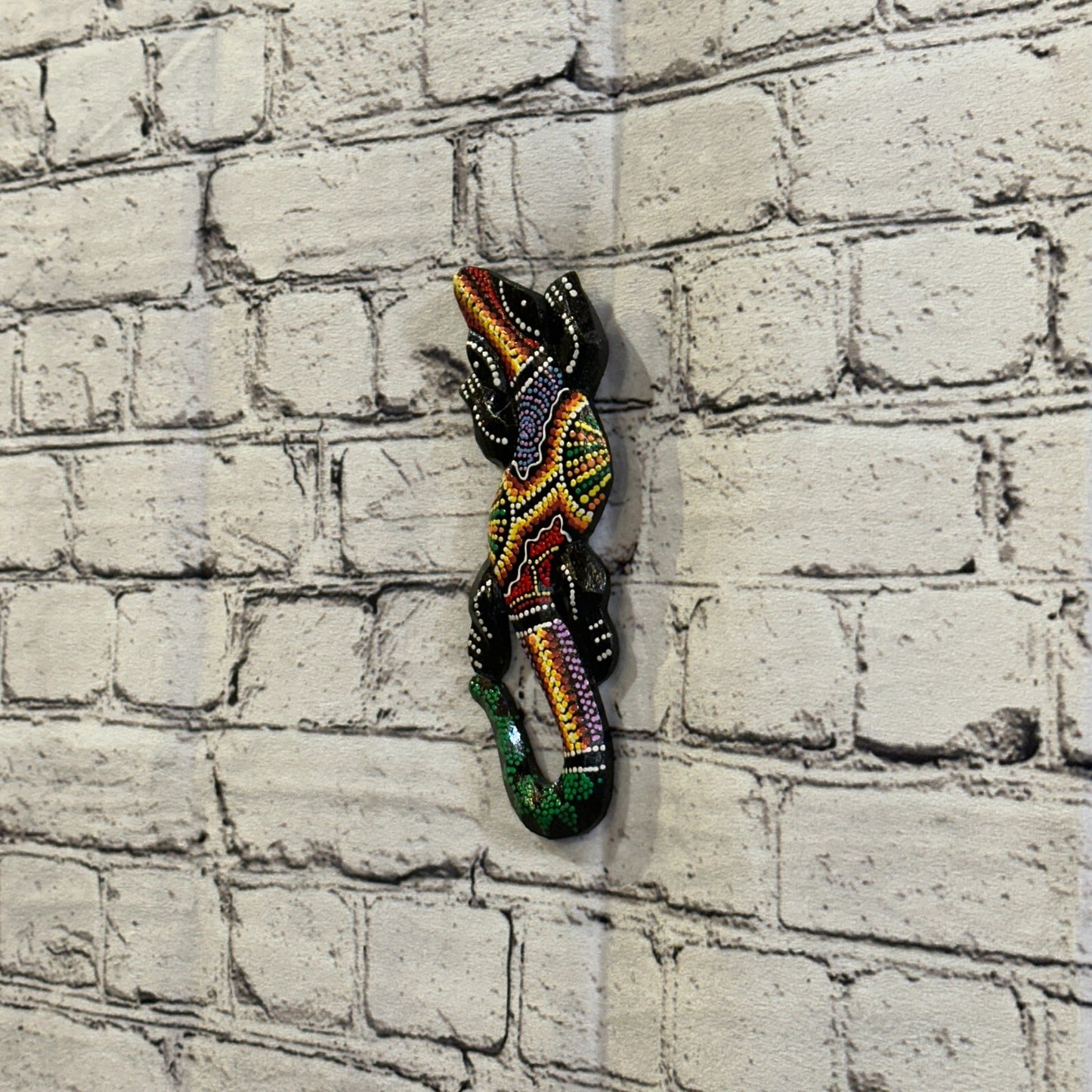 20cm Gecko Carved Wooden Dot Painted Ethnic Tribal Tiki Wall Handmade No 7