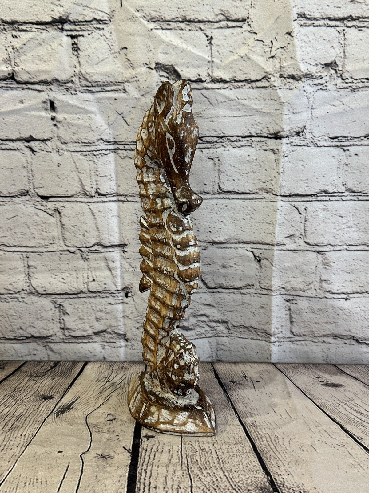 30cm Brown Plain Wooden Shabby Seahorse Statue Ornament Fair Trade Handcarved