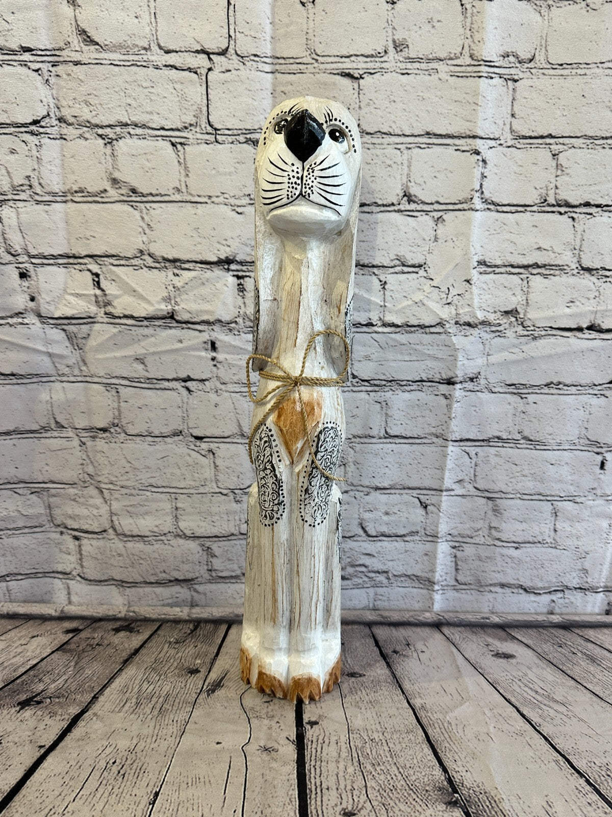 50cm White Flower Wooden Shabby Dog Statue Ornament Fair Trade Handcarved