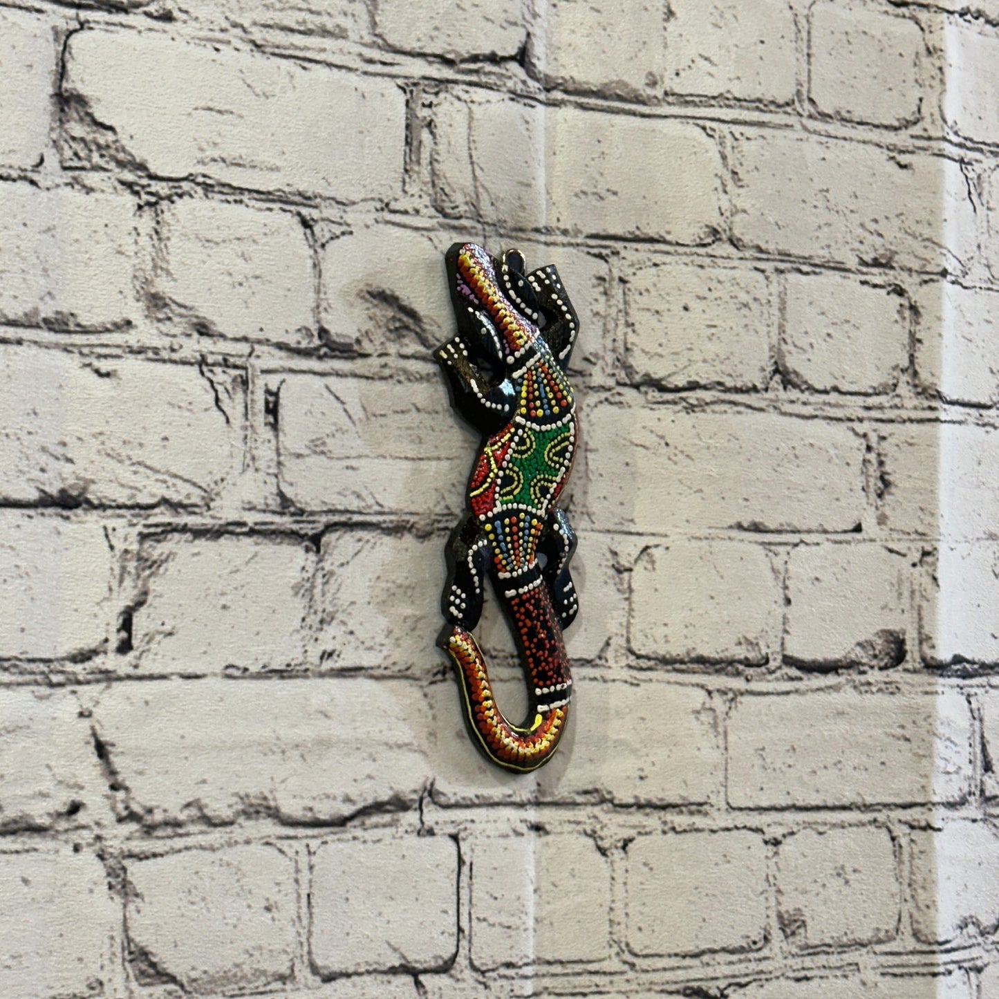 20cm Gecko Carved Wooden Dot Painted Ethnic Tribal Tiki Wall Handmade No 6