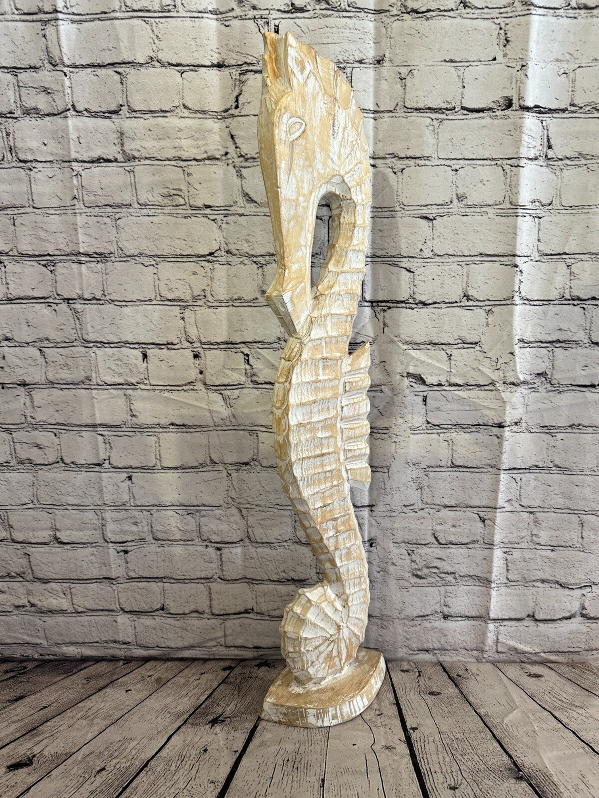80cm White Plain Wooden Shabby Seahorse Statue Ornament Fair Trade Handcarved
