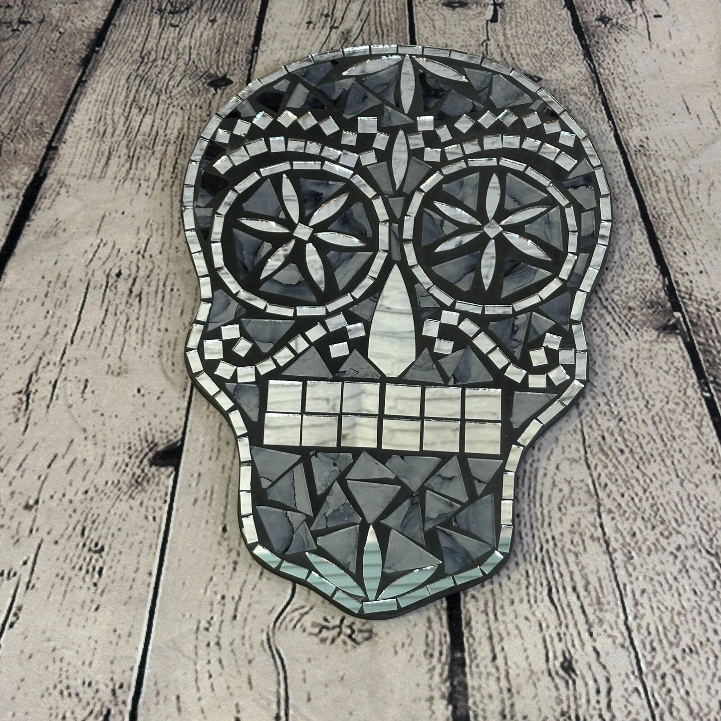 Black Grey Skull Mosaic Tile Wall Mirror 30cm x 20cm 12 Inches Handmade New