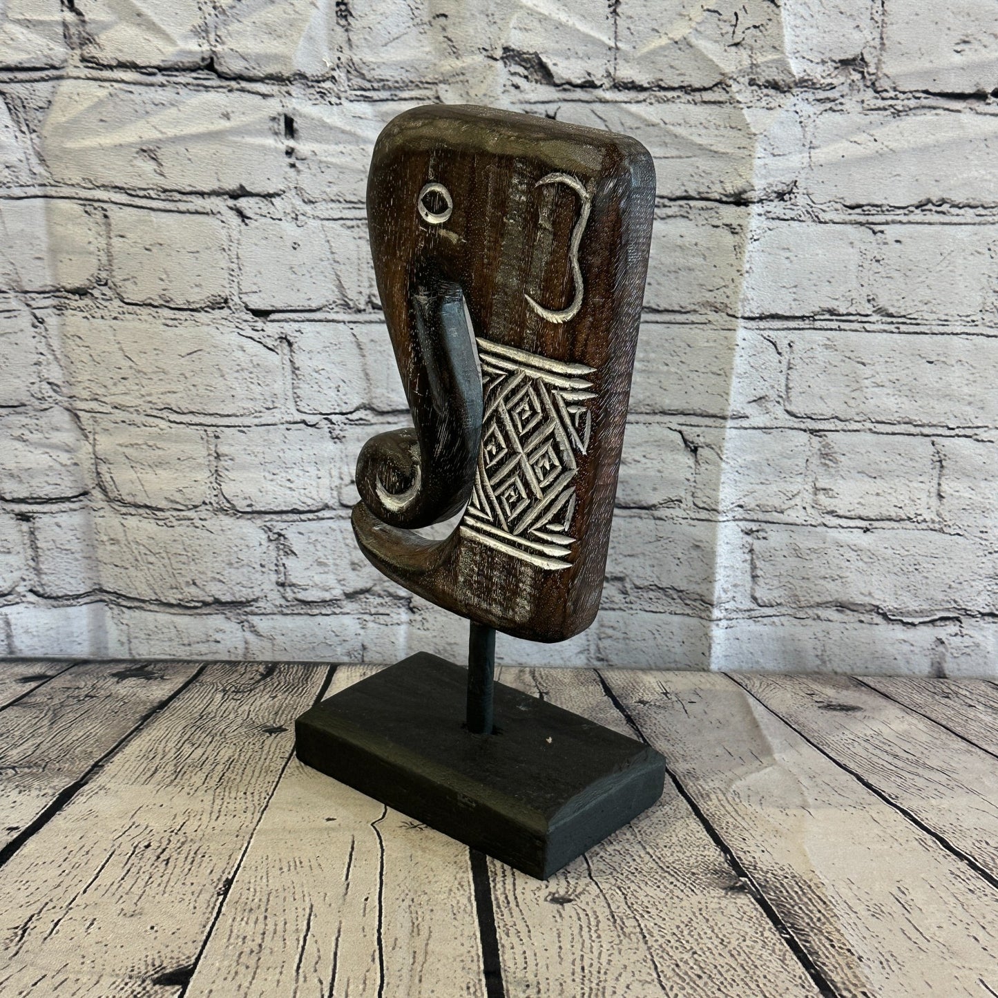 32cm x 16cm Wooden Tribal Primitive Black Elephant Head Stand Sculpture Statue