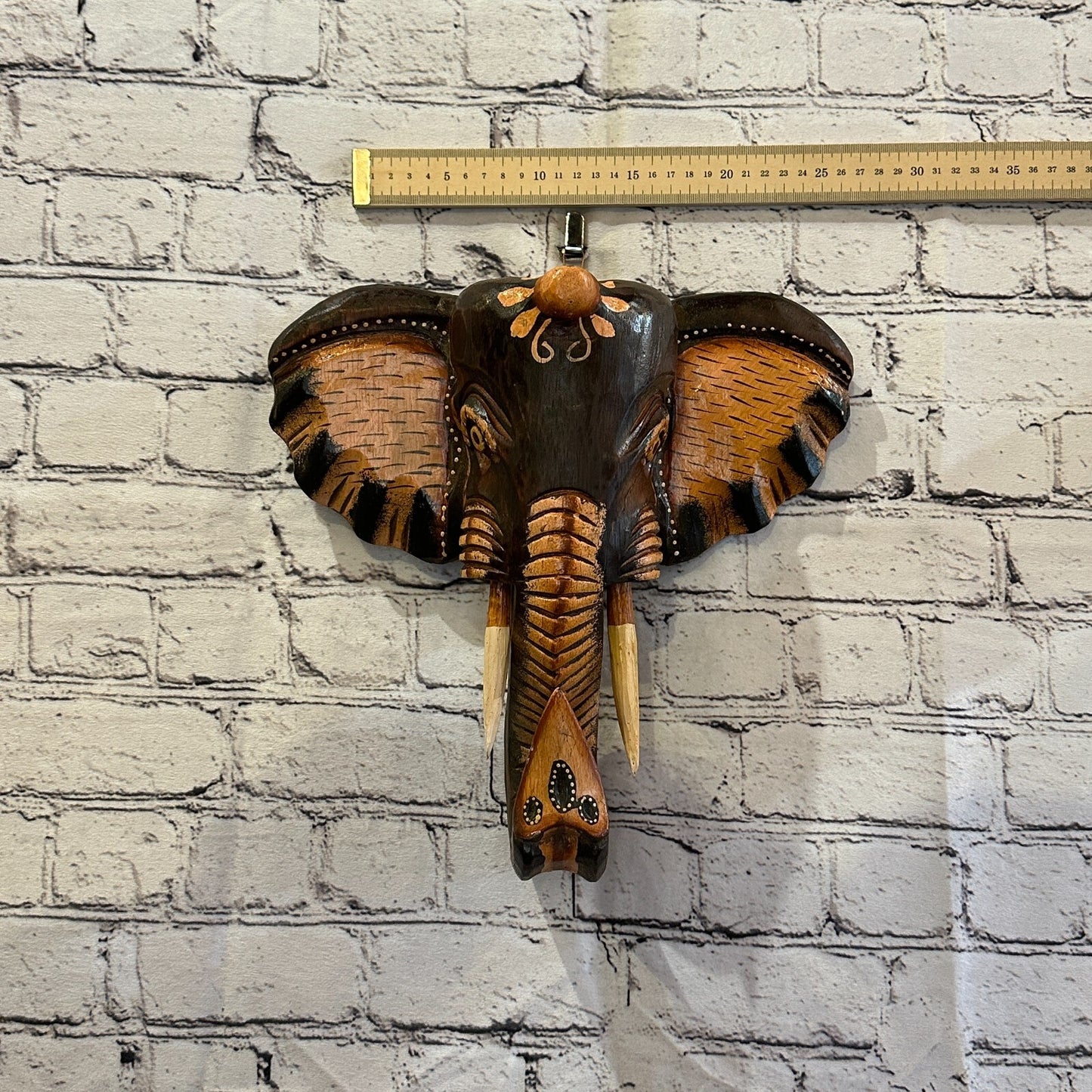 30cm x 30cm Brown Painted Wood Elephant Head Wall Mounted Art Large Shabby