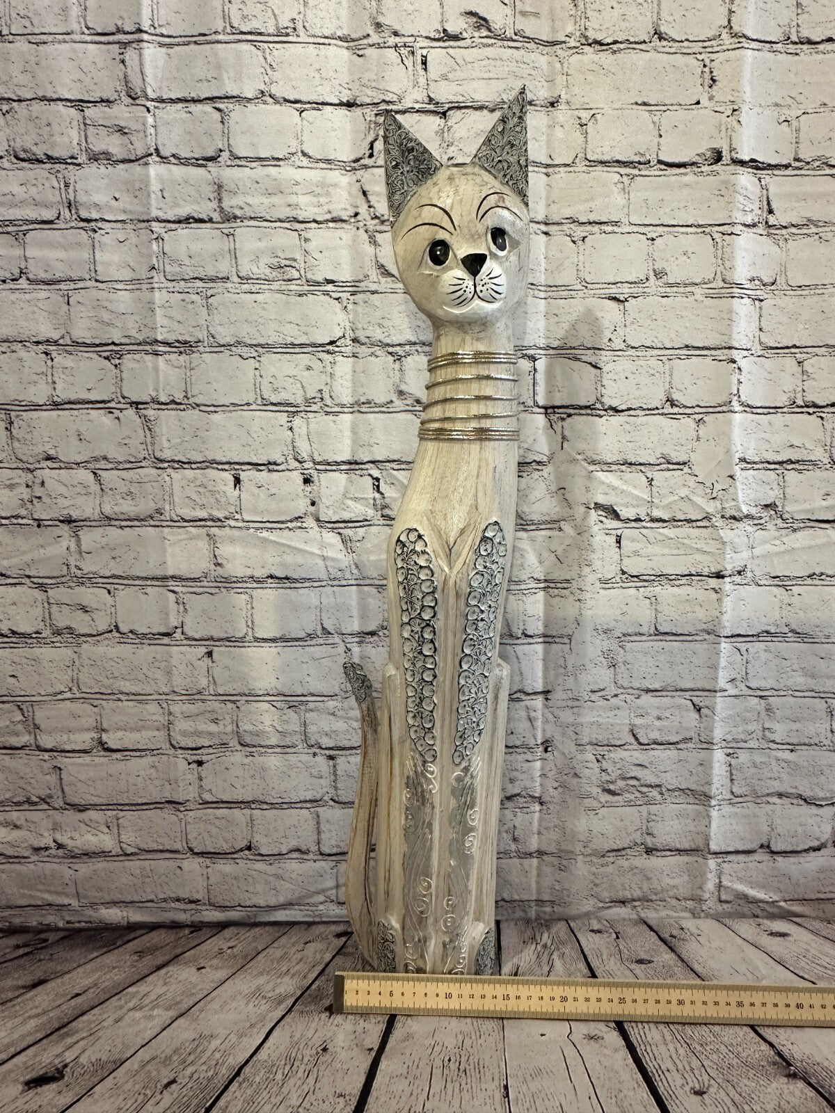 80cm White Swirl Flower Wooden Shabby Cat Statue Ornament Fair Trade Handcarved