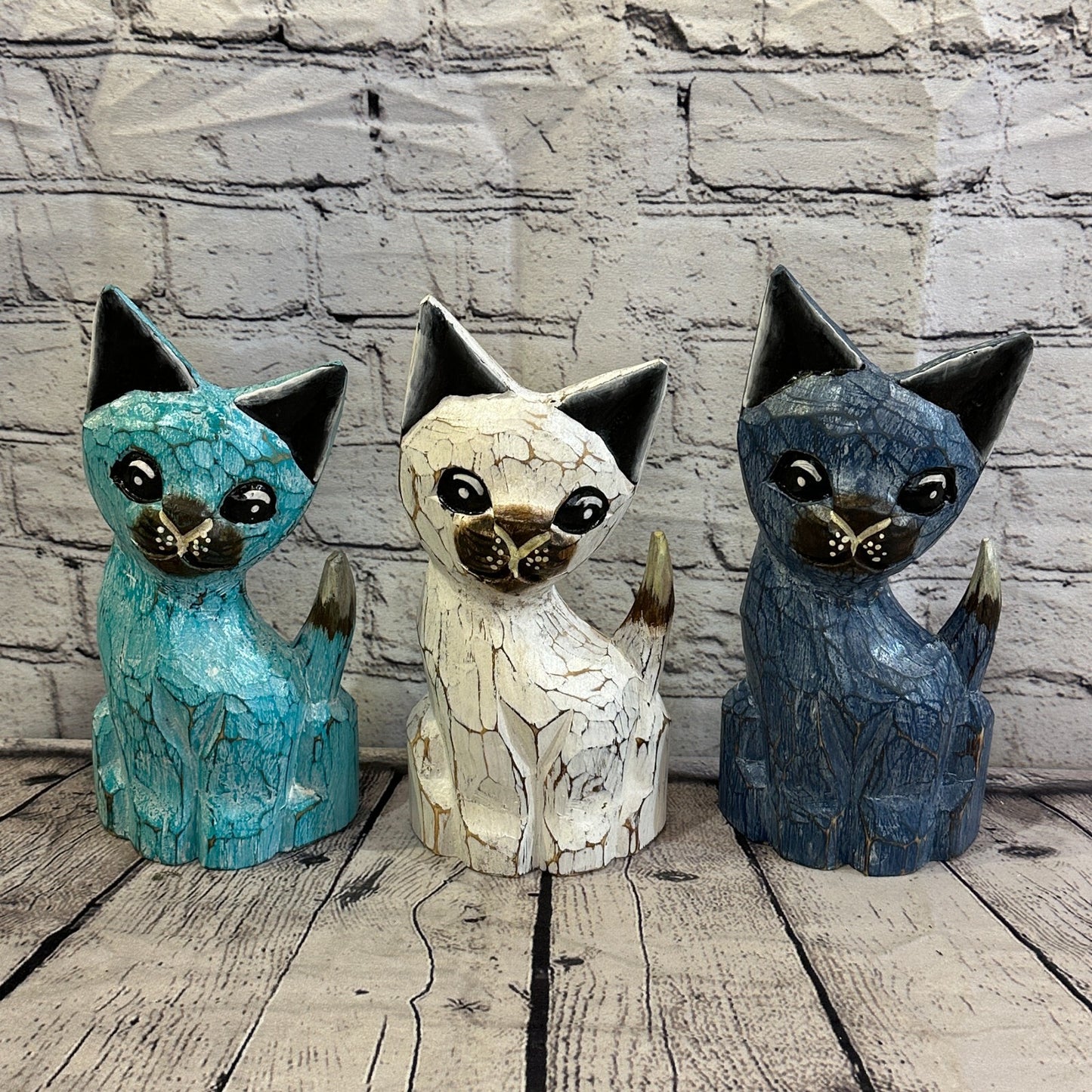 30cm x 12cm Blue Flower Wooden Shabby Cat Statue Ornament Fair Trade Handcarved