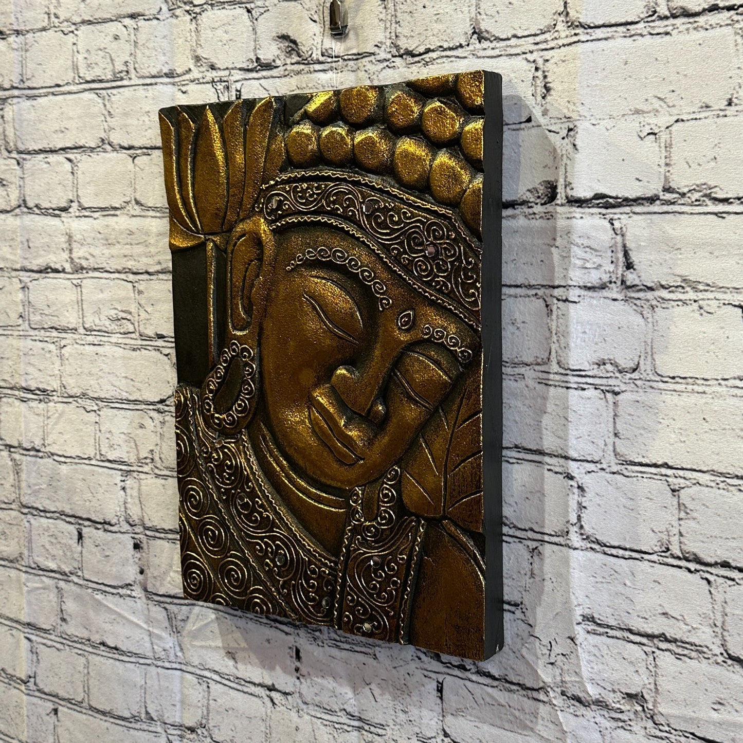 Wooden Wood Panel 40cm Brown Gold Buddha Tall Lotus Wall Art Plaque Handcarved