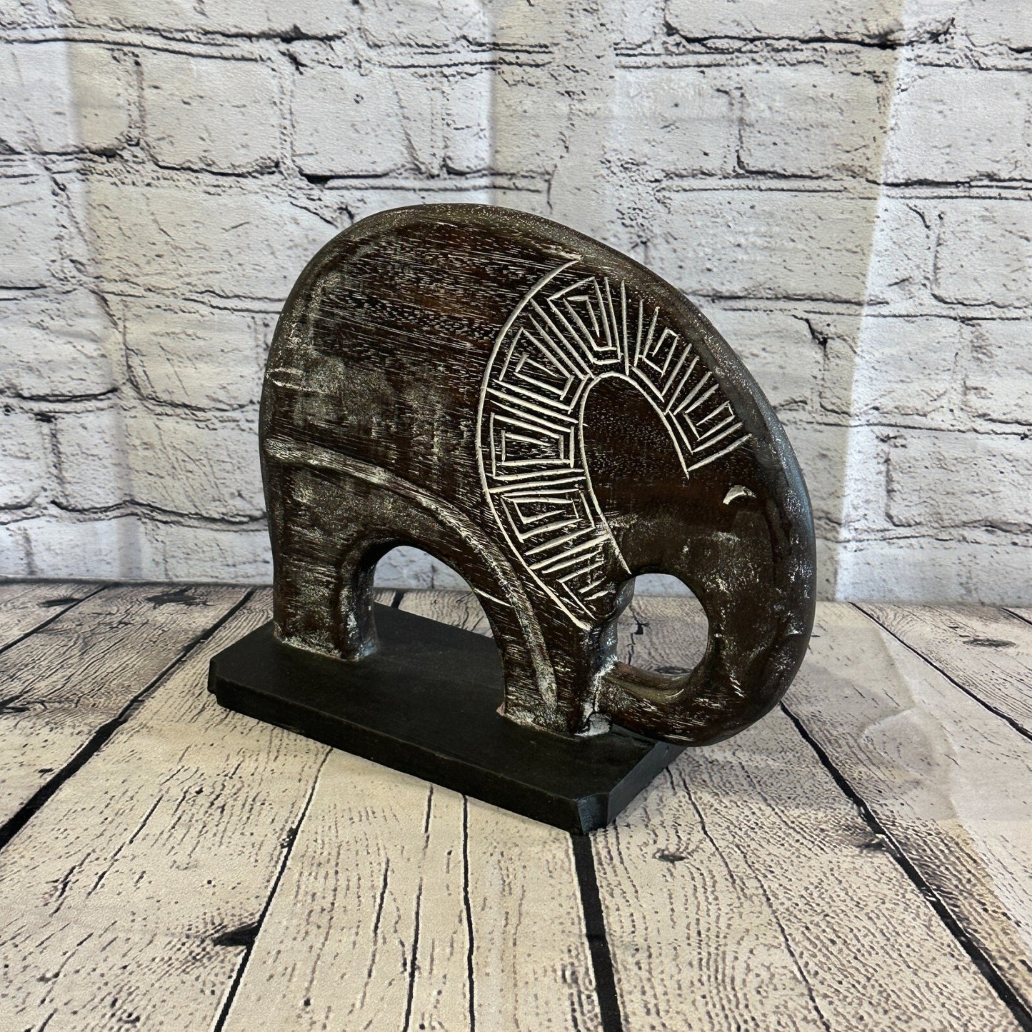 25cm x 25cm Wooden Tribal Primitive Black Elephant Round Stand Sculpture Statue