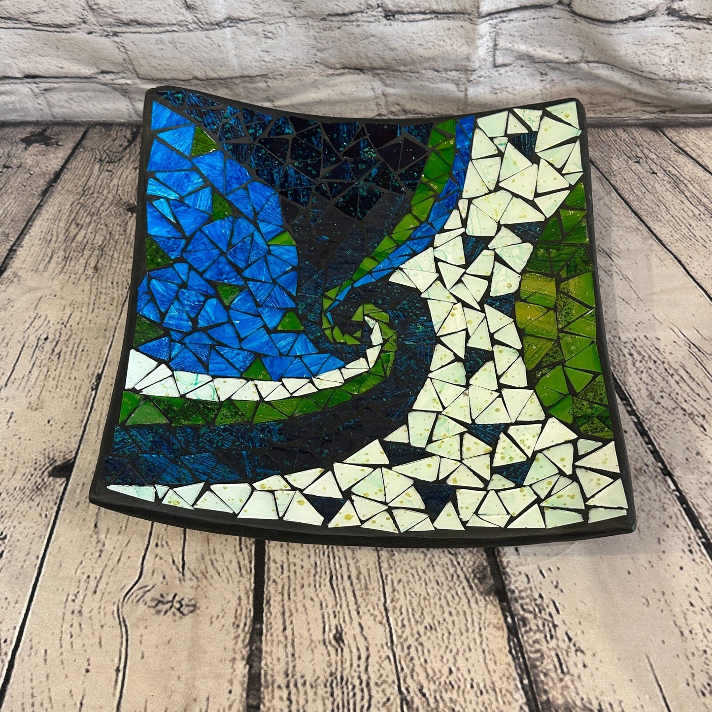 30cm Blue Green Swirl Square Mosaic Handmade Ceramic Glass Tile Bowl Fruit