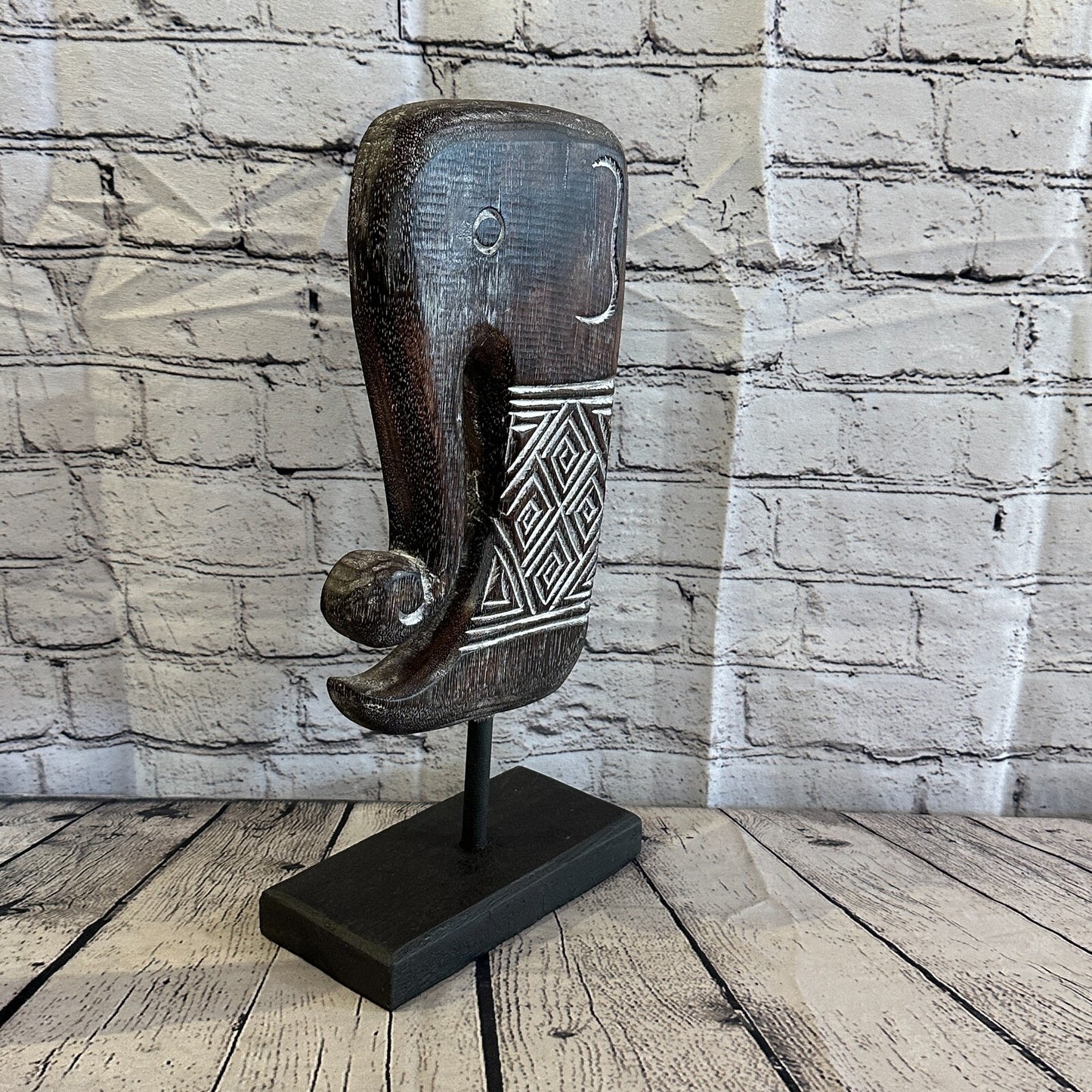 40cm x 20cm Wooden Tribal Primitive Black Elephant Head Stand Sculpture Statue