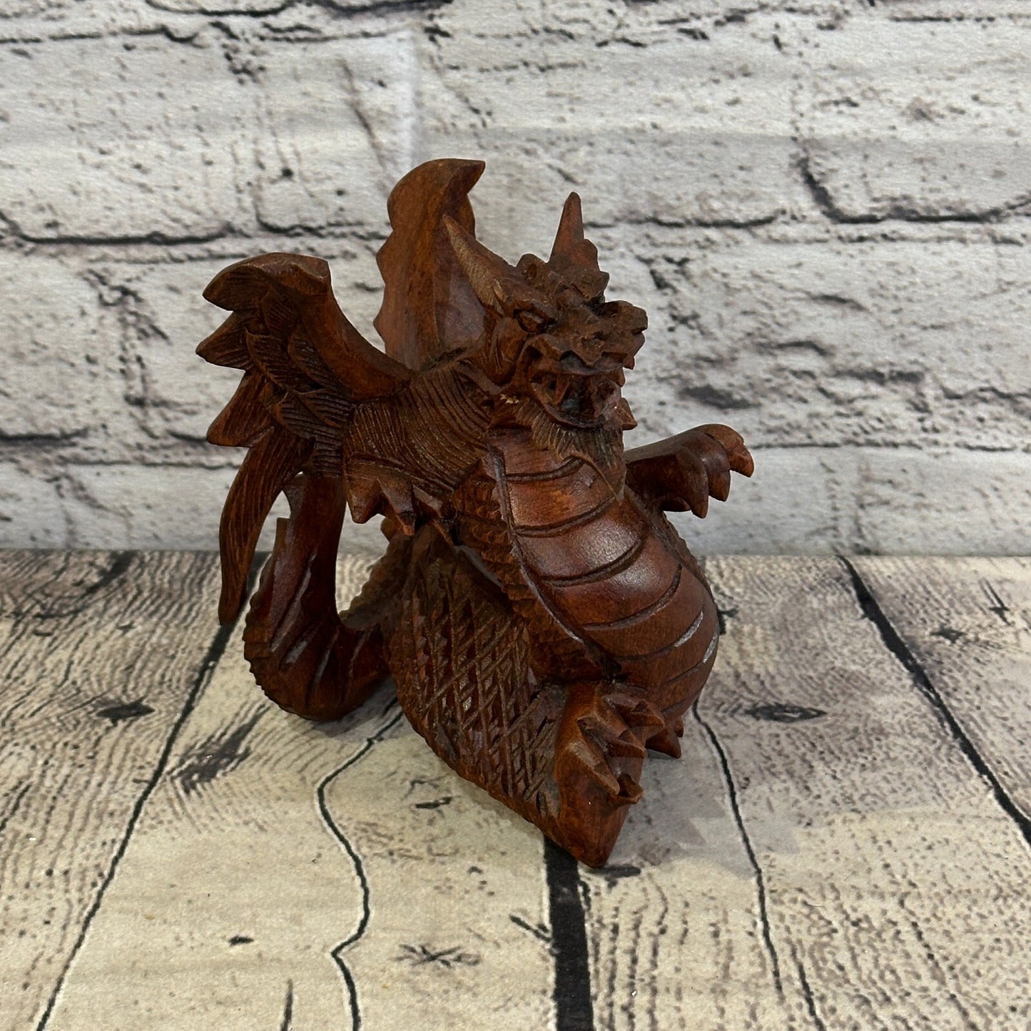 12cm x 10cm Dark Wooden Standing Dragon Carving Hand Carved Wing Back Dragon