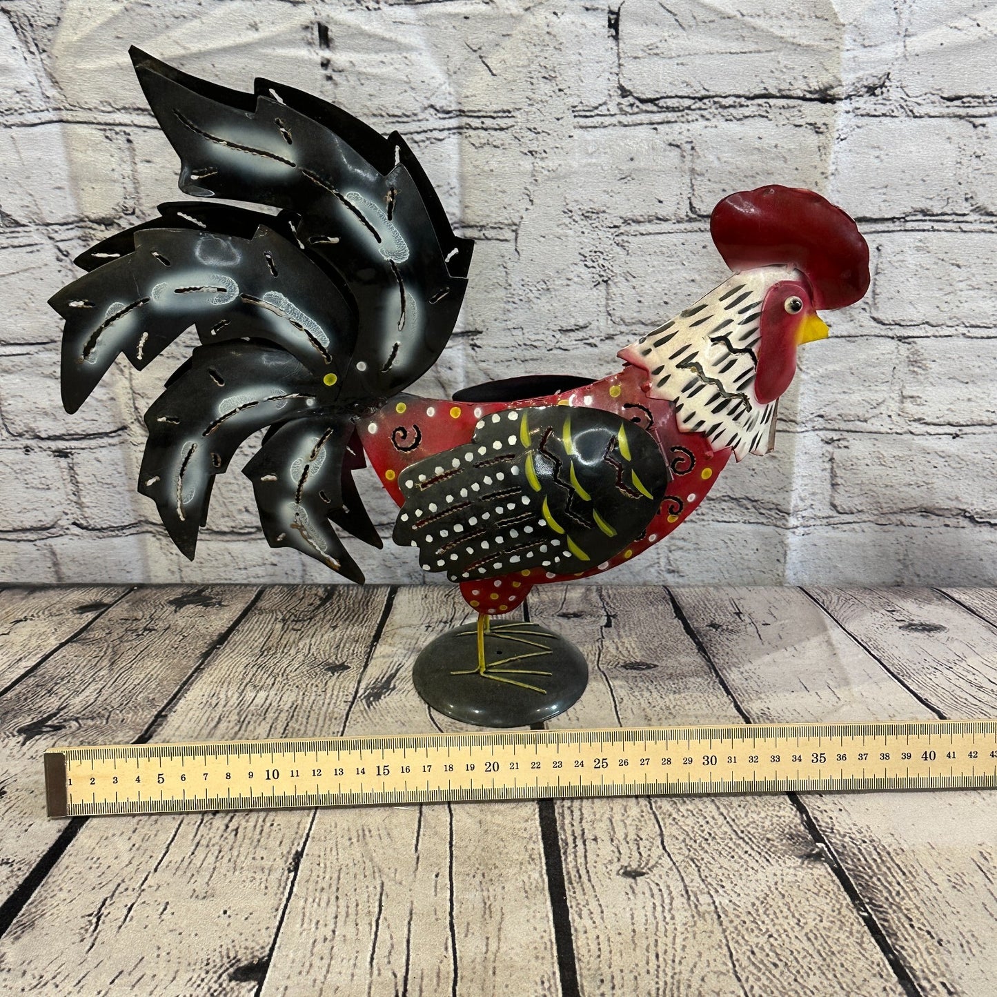 40cm x 25cm Brown Rustic Metal Chicken Ornament Painted Statue Candle Holder