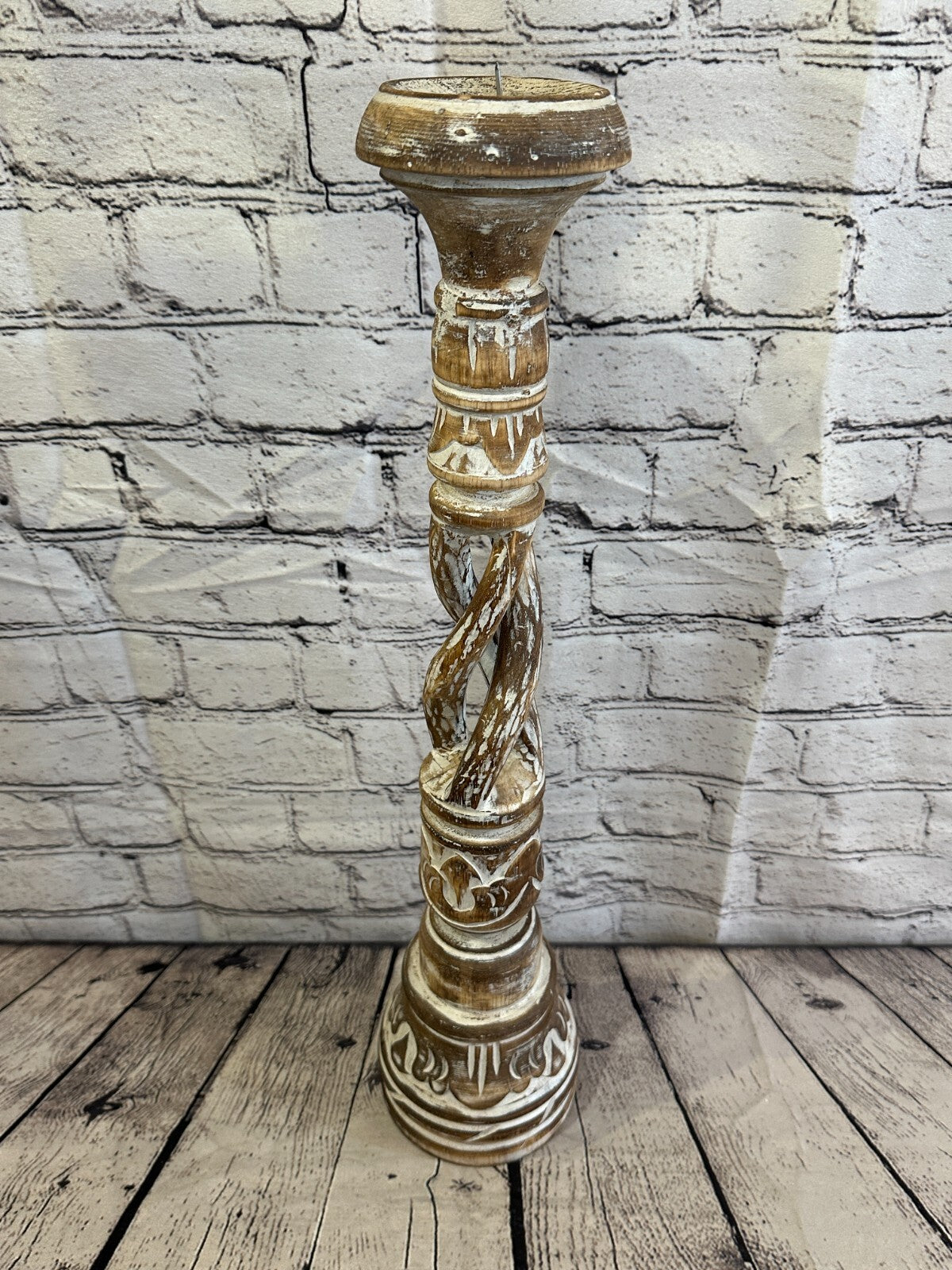 50cm Brown Tall Candlestick Shabby Chic Distressed Twist Column Candle Holder