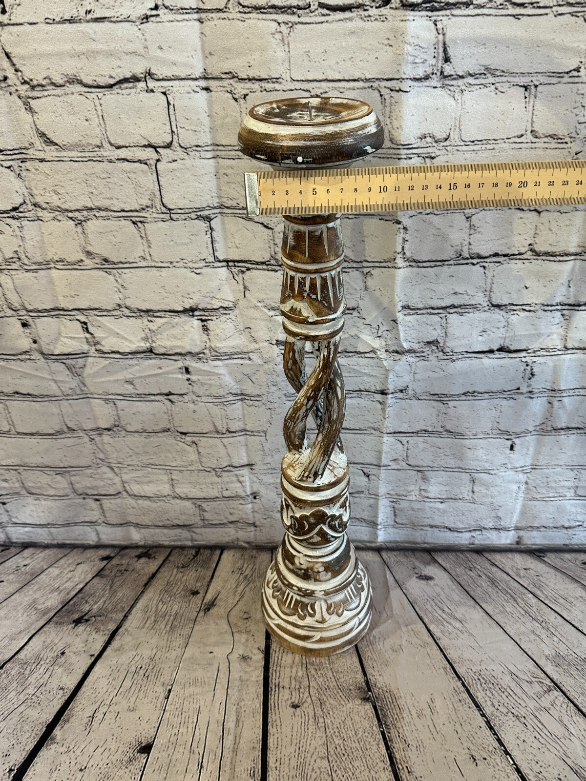 60cm Brown Tall Candlestick Shabby Chic Distressed Twist Column Candle Holder