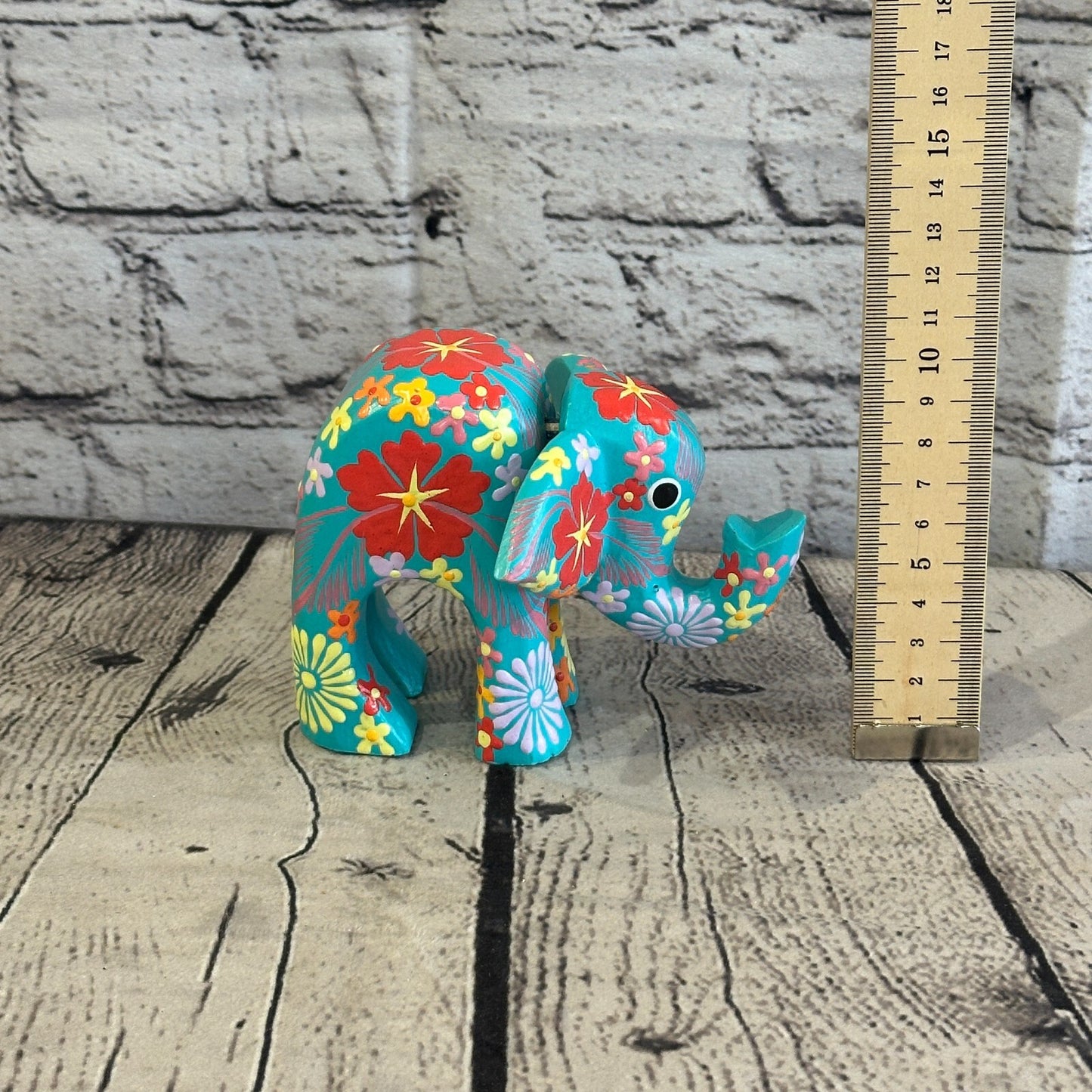 Blue Wooden Elephant With Flower Pattern 10cm x 12cm Handmade and Fairtrade