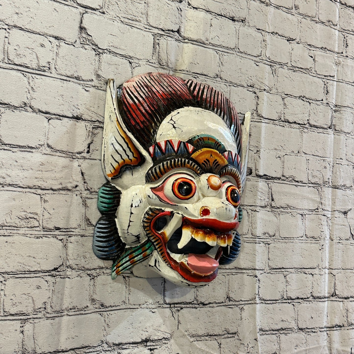 Large Wooden White Barong Wall Mask 30cm x 25cm Handmade And Fairtrade