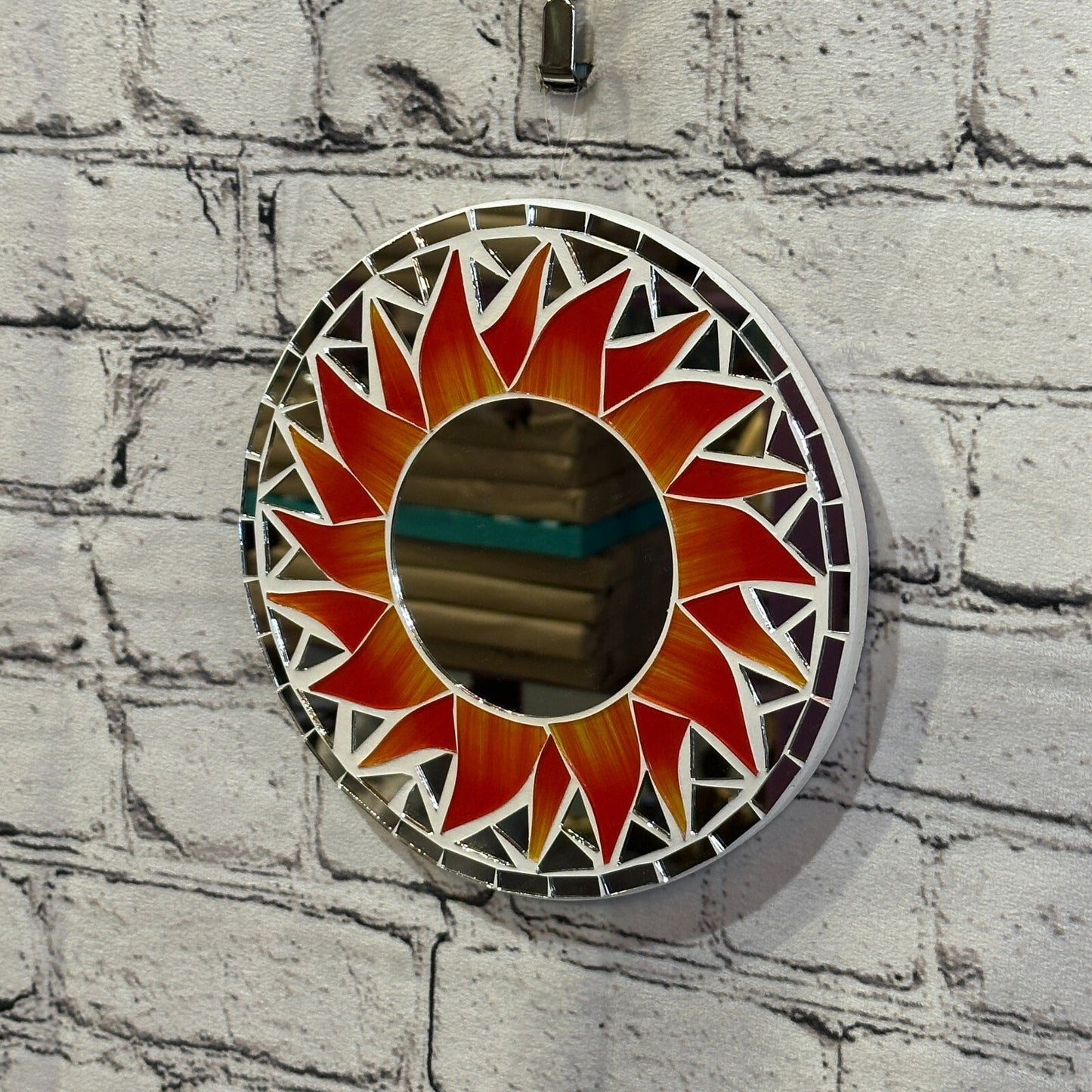 Red Flame Sun Mosaic Tile Wall Mirror 20cm x 20cm 8 Inches Handmade New