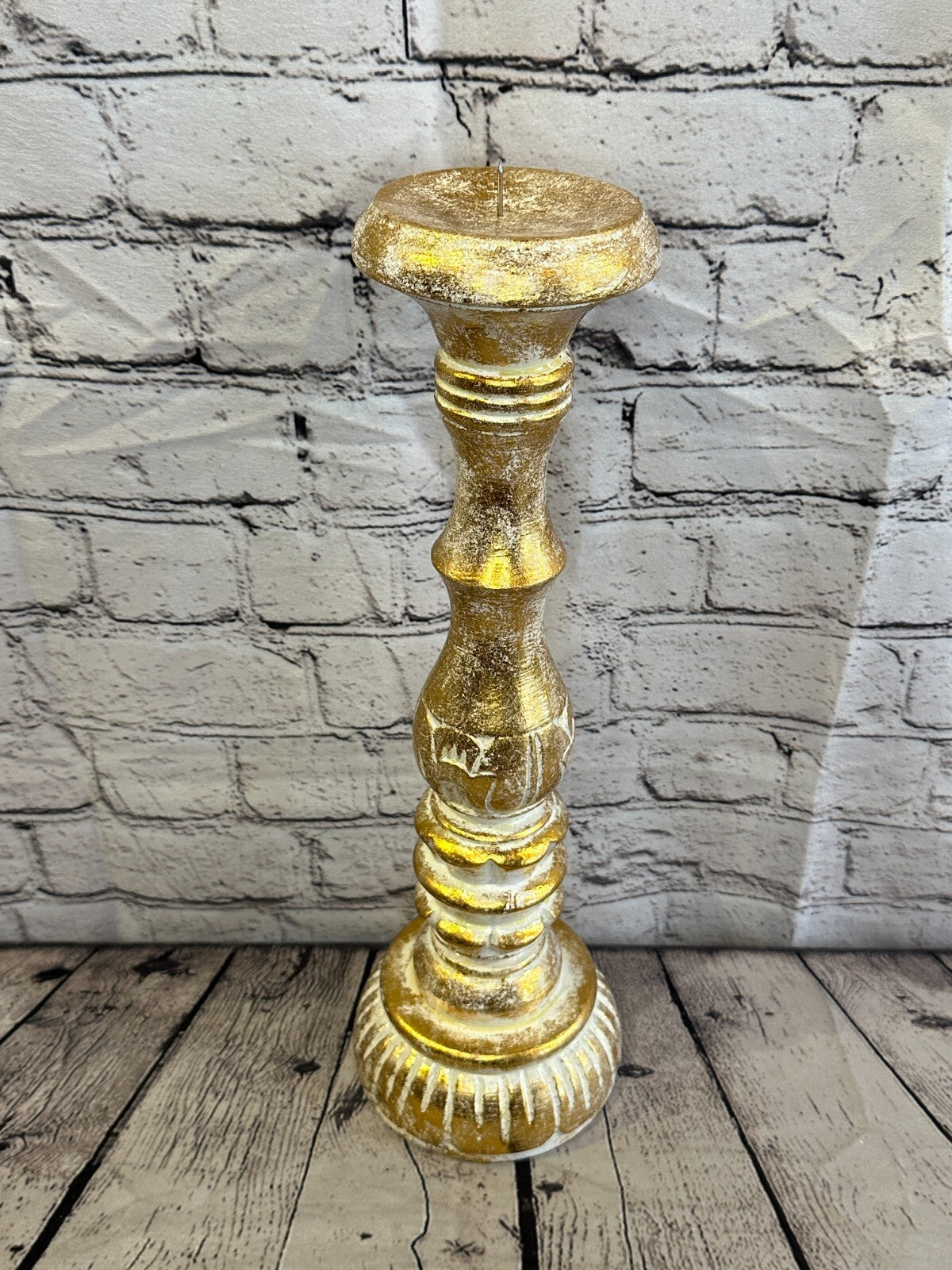 40cm Gold Tall Candlestick Shabby Chic Distressed Solid Column Candle Holder