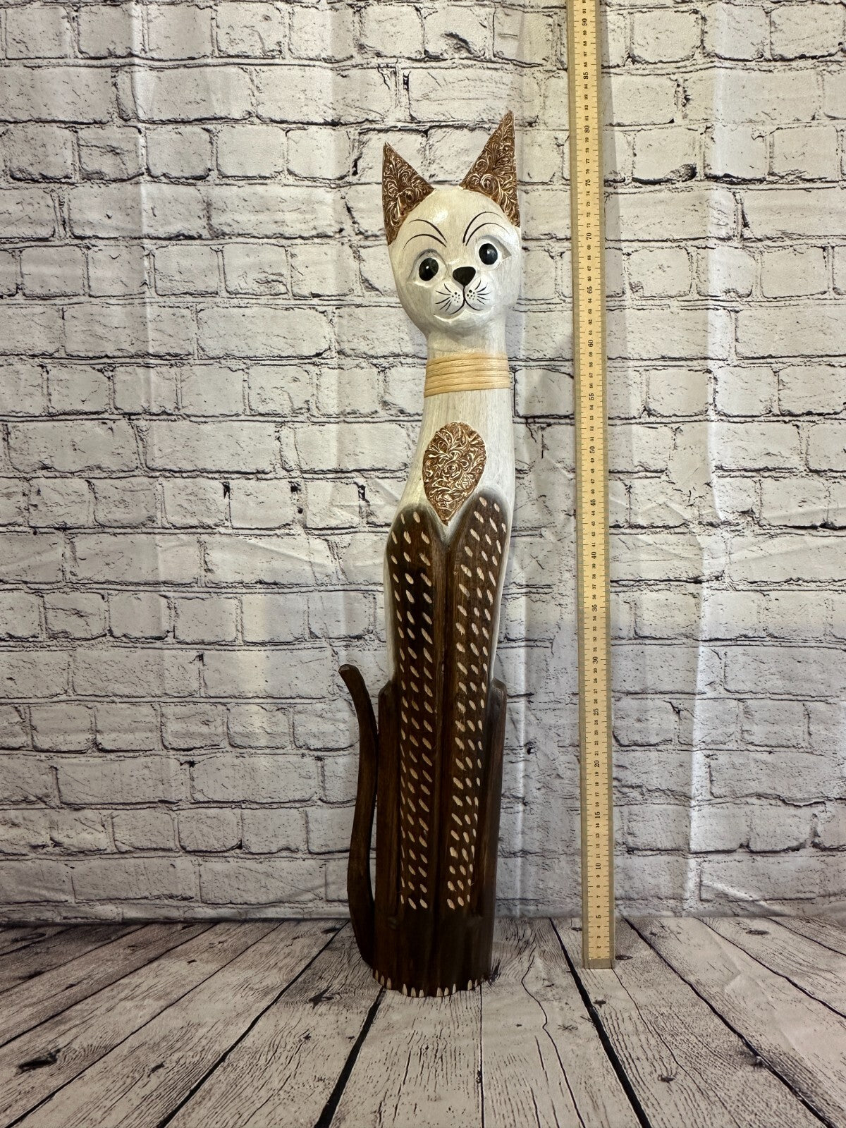 80cm Brown White Flower Wooden Shabby Cat Statue Ornament Fair Trade Handcarved