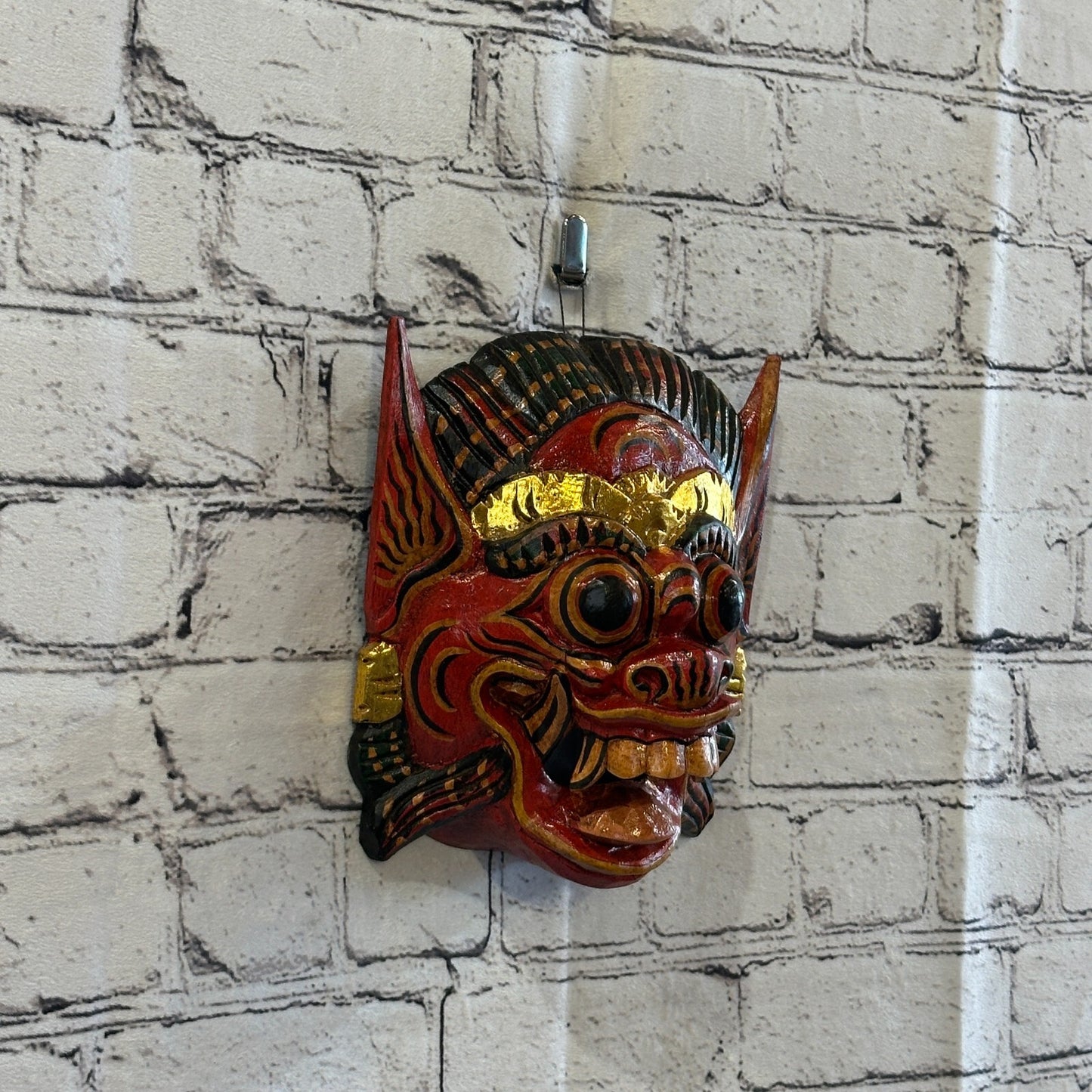 Large Wooden Red Barong Wall Mask 18cm x 18cm Handmade And Fairtrade Hindu