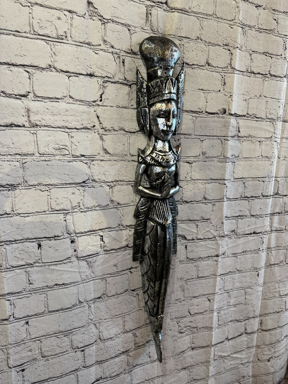 Silver Antique Colour Sita Dewi Bali Rice Goddess Wings Mermaid Wood 80cm Pair