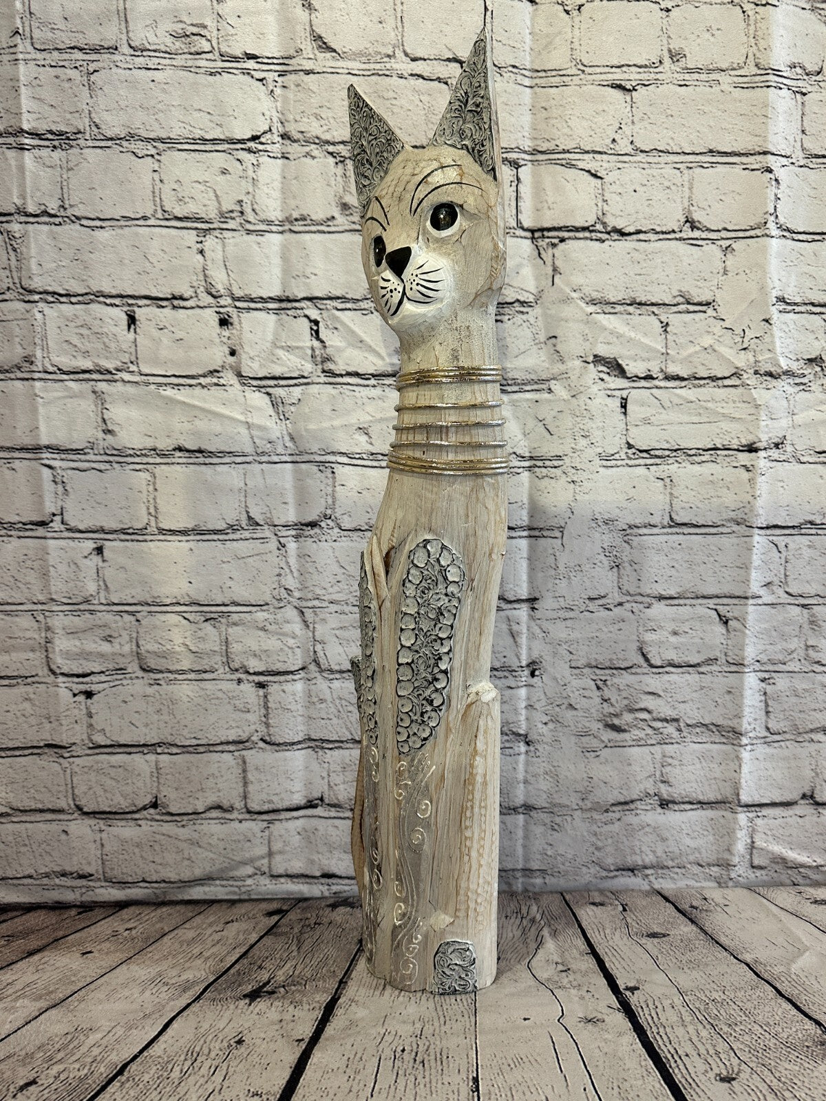 60cm White Swirl Flower Wooden Shabby Cat Statue Ornament Fair Trade Handcarved