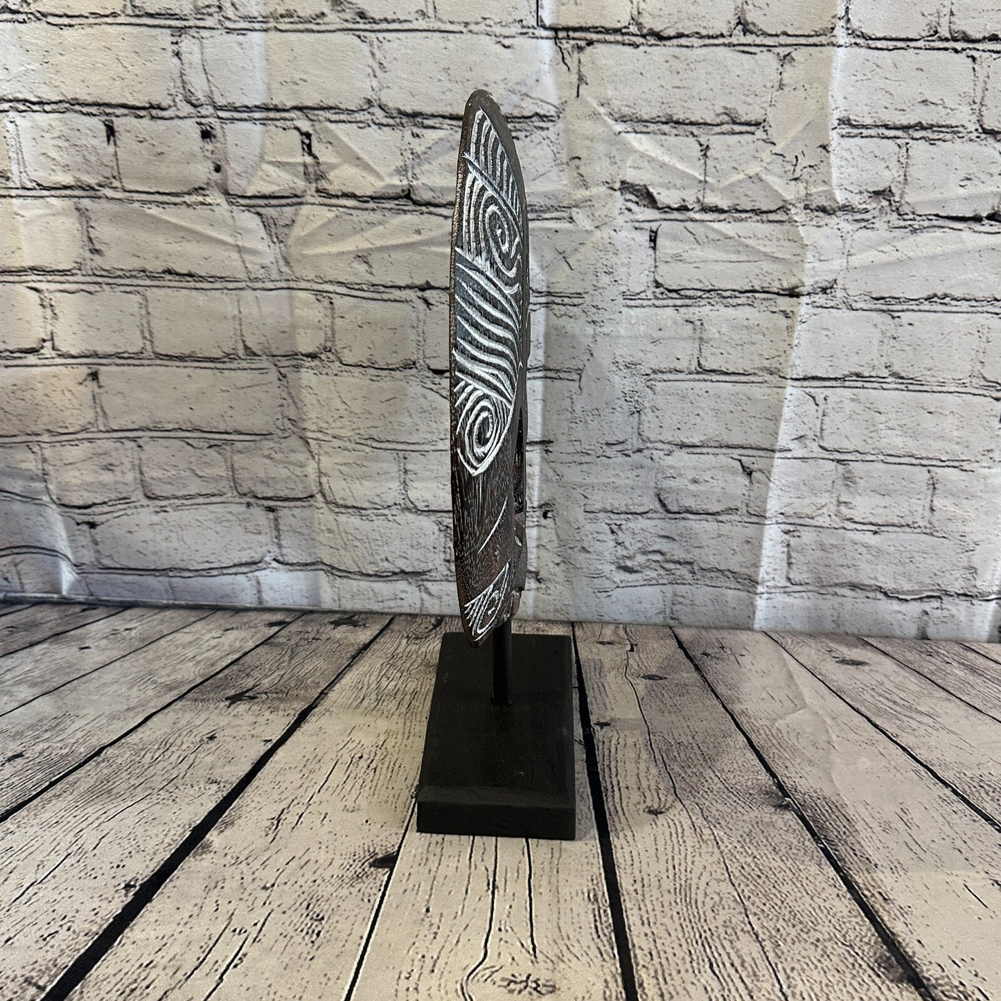 40cm x 35cm Wooden Tribal Primitive Black Mask Stand Sculpture Statue Art