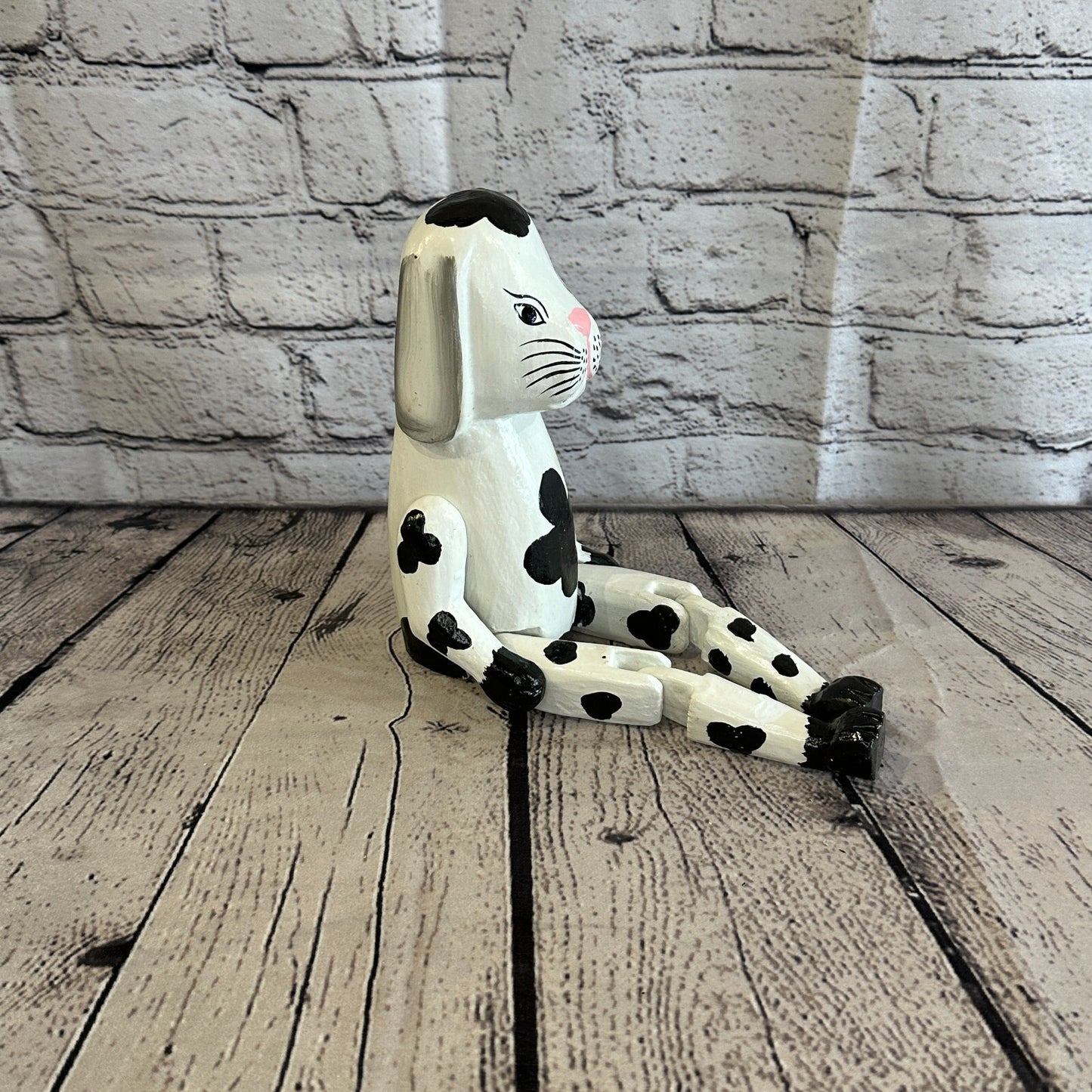 20cm Black White Dog Sitting Animal, Wooden Shelf Ornament Handmade & Fairtrade