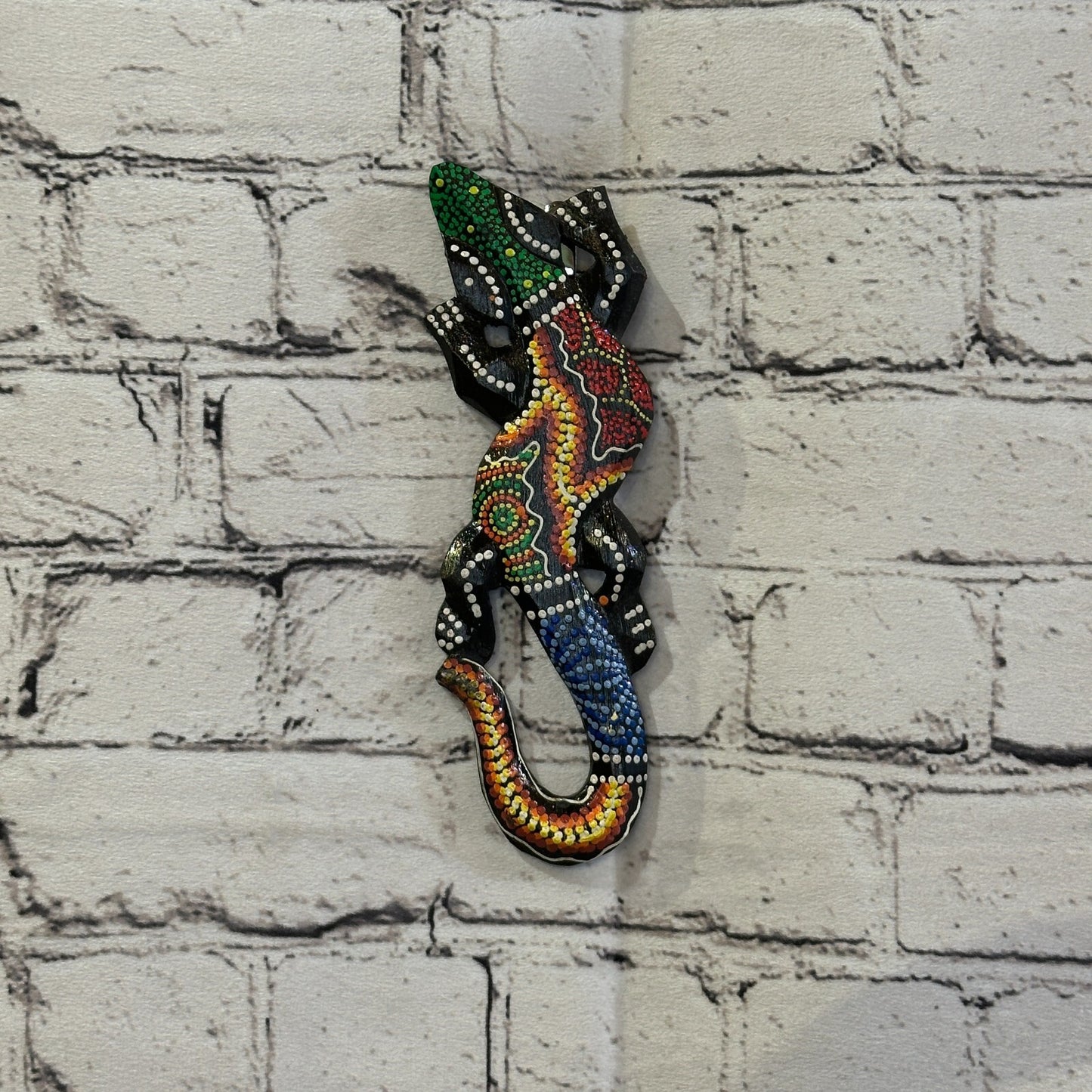 20cm Gecko Carved Wooden Dot Painted Ethnic Tribal Tiki Wall Handmade No 9