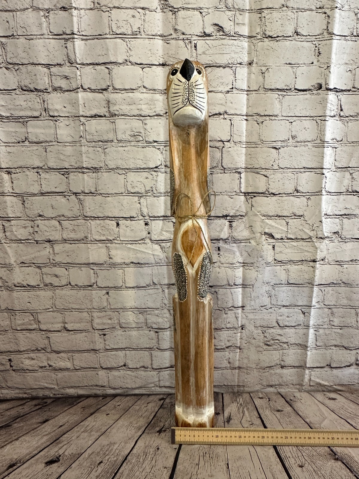80cm Light Brown Flower Wooden Shabby Dog Statue Ornament Fair Trade Handcarved
