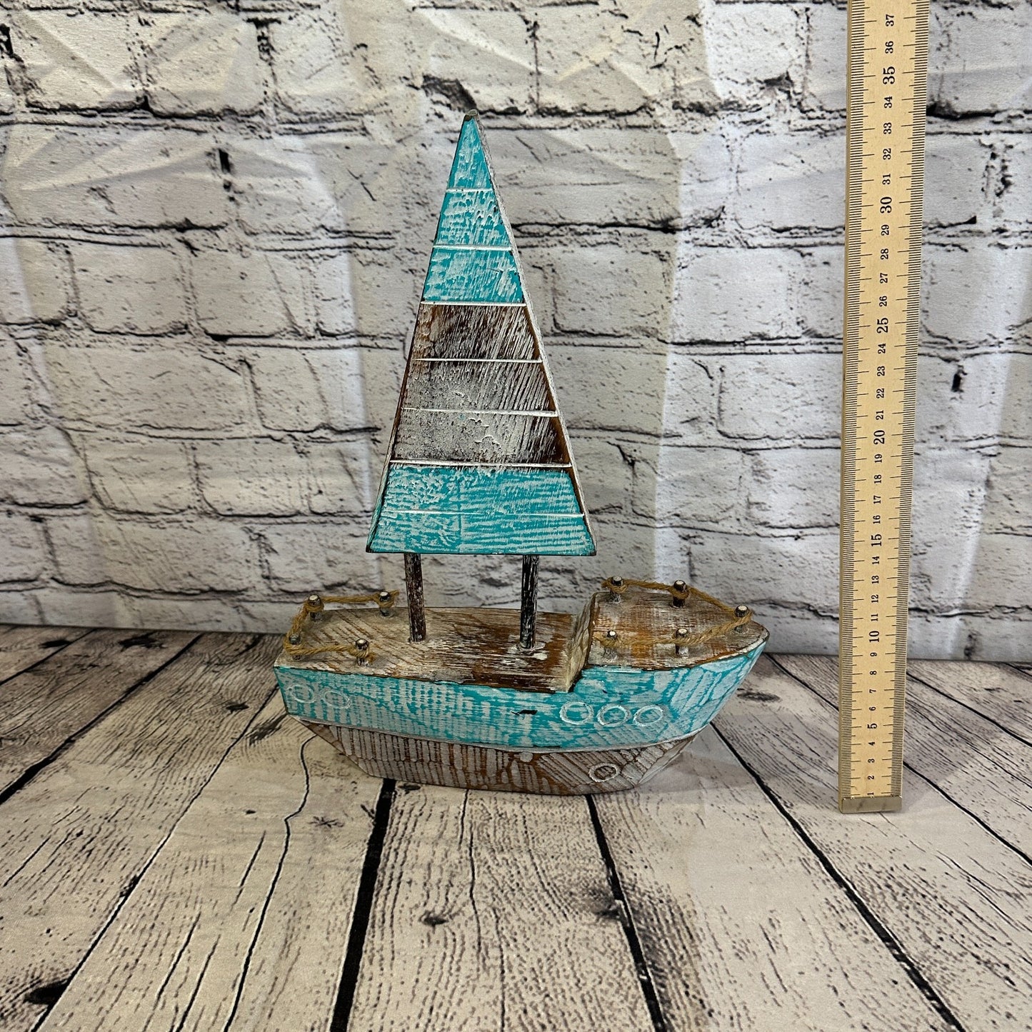 35cm Rustic Wooden Brown & Green Sailing Boat Nautical Ornament Sculpture Decor