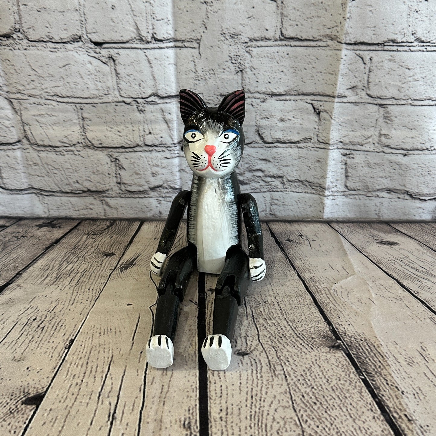 20cm Black Cat Sitting Animal, Wooden Shelf Ornament Handmade & Fairtrade