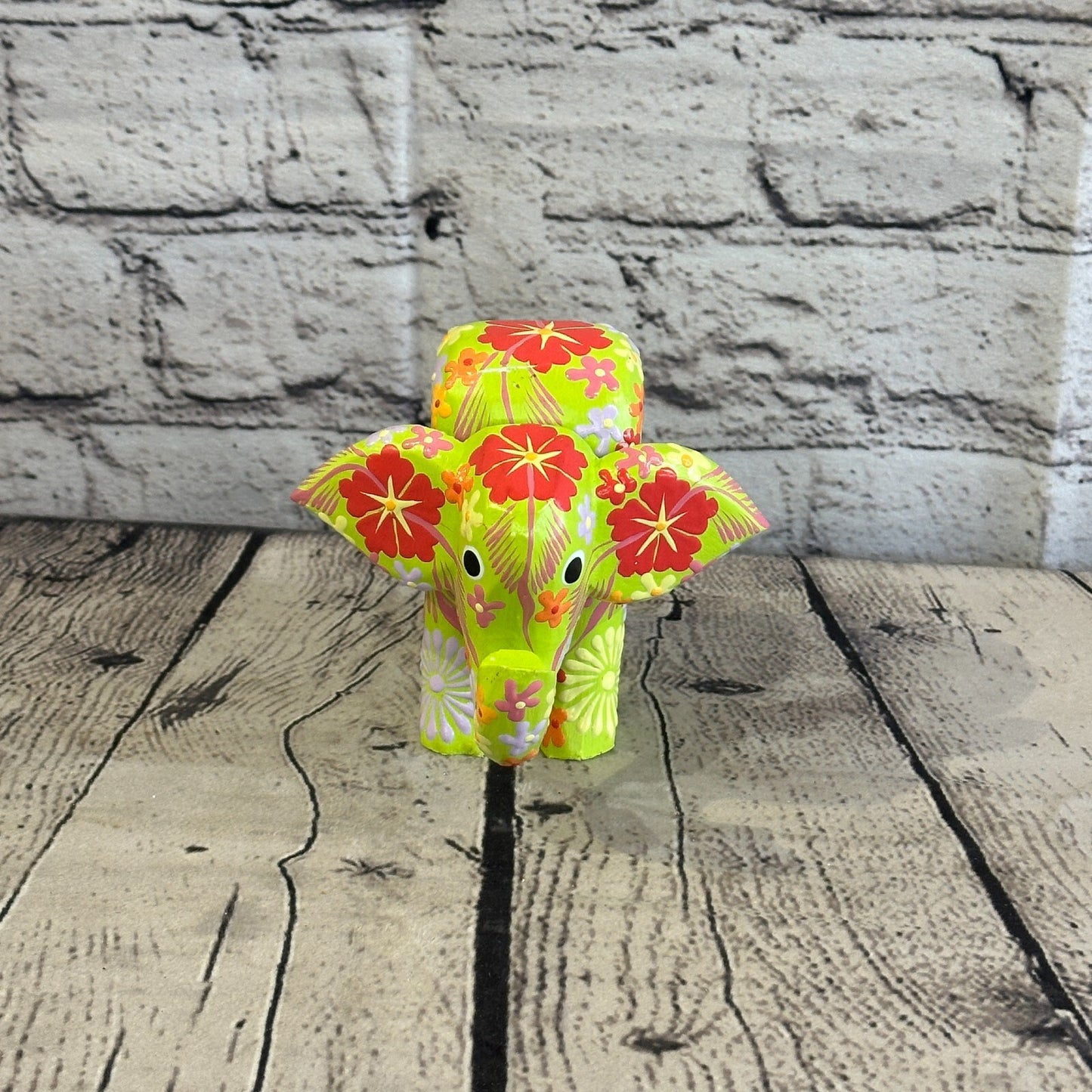 Green Wooden Elephant With Flower Pattern 10cm x 12cm Handmade and Fairtrade