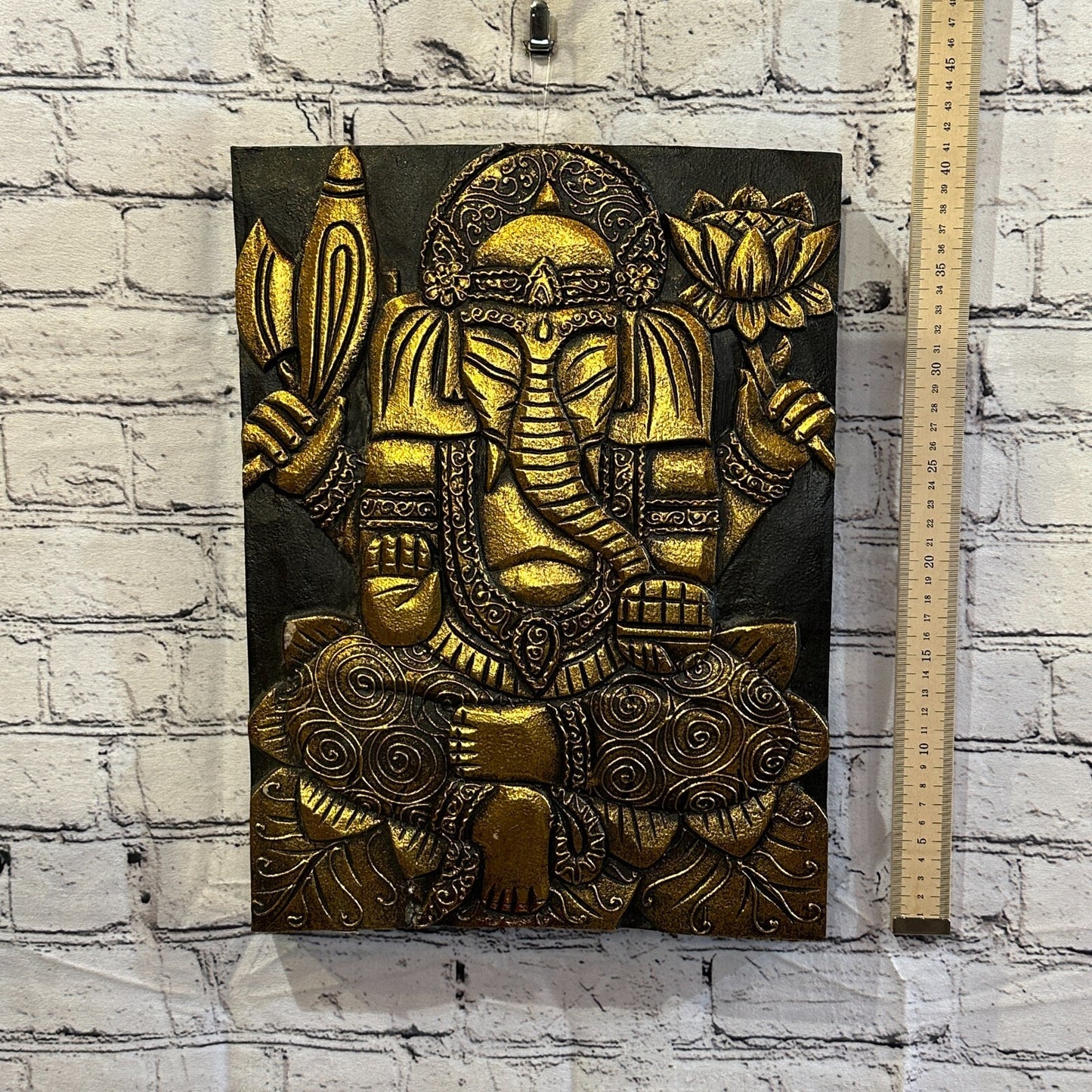 Wooden Wood Panel 40cm Brown Gold Ganesh Lotus Wall Art Plaque Handcarved