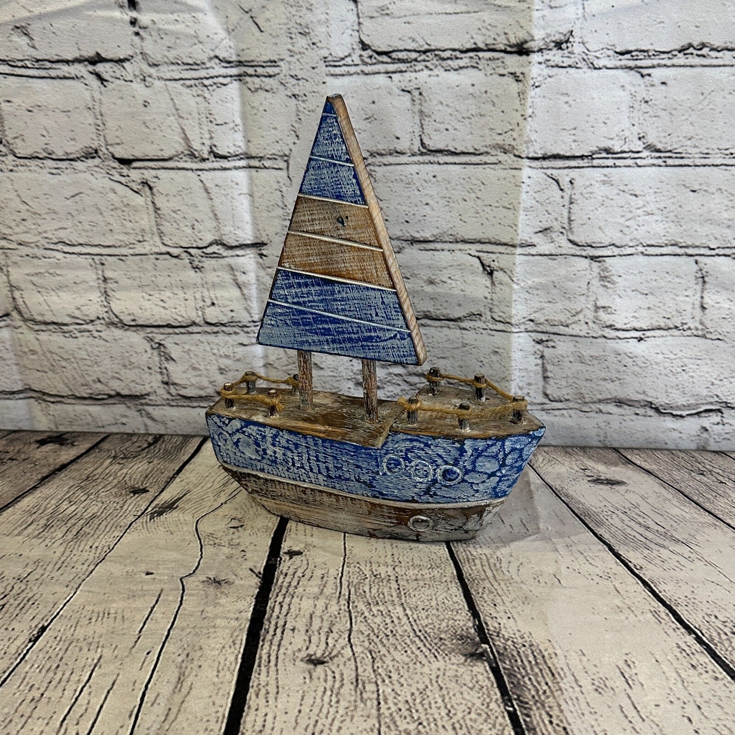 25cm Rustic Wooden Brown & Blue Sailing Boat Nautical Ornament Sculpture Decor