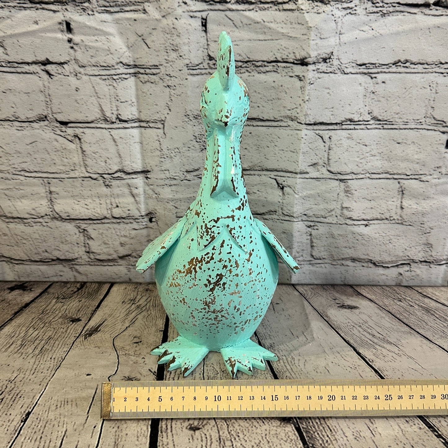 30cm x 15cm Green Shabby Wooden Rooster Cockerel Retro Collectable Hand Carved