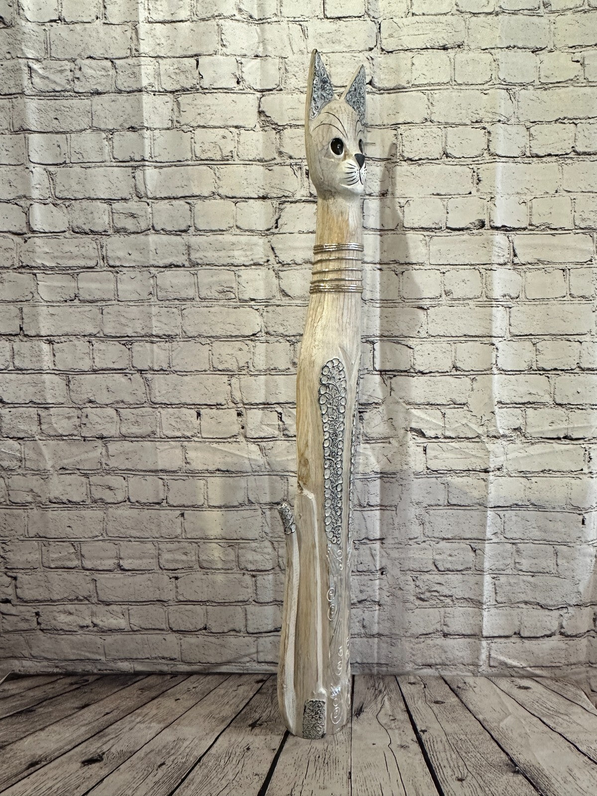 100cm White Swirl Flower Wooden Shabby Cat Statue Ornament Fair Trade Handcarved