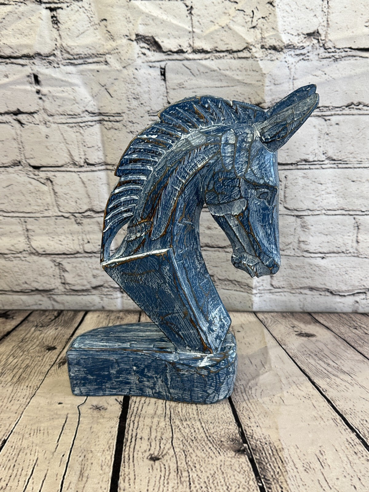 Blue Wooden 30cm x 18cm Horse Head Bust Hand Carved Wood Sculpture